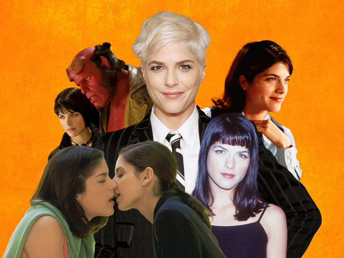 Selma Blair 桌布 壁紙 — 充滿活力的橙色背景上展示了角色的拼貼畫，包括一個紅色惡魔和多位穿著專業和休閒服裝的女性。