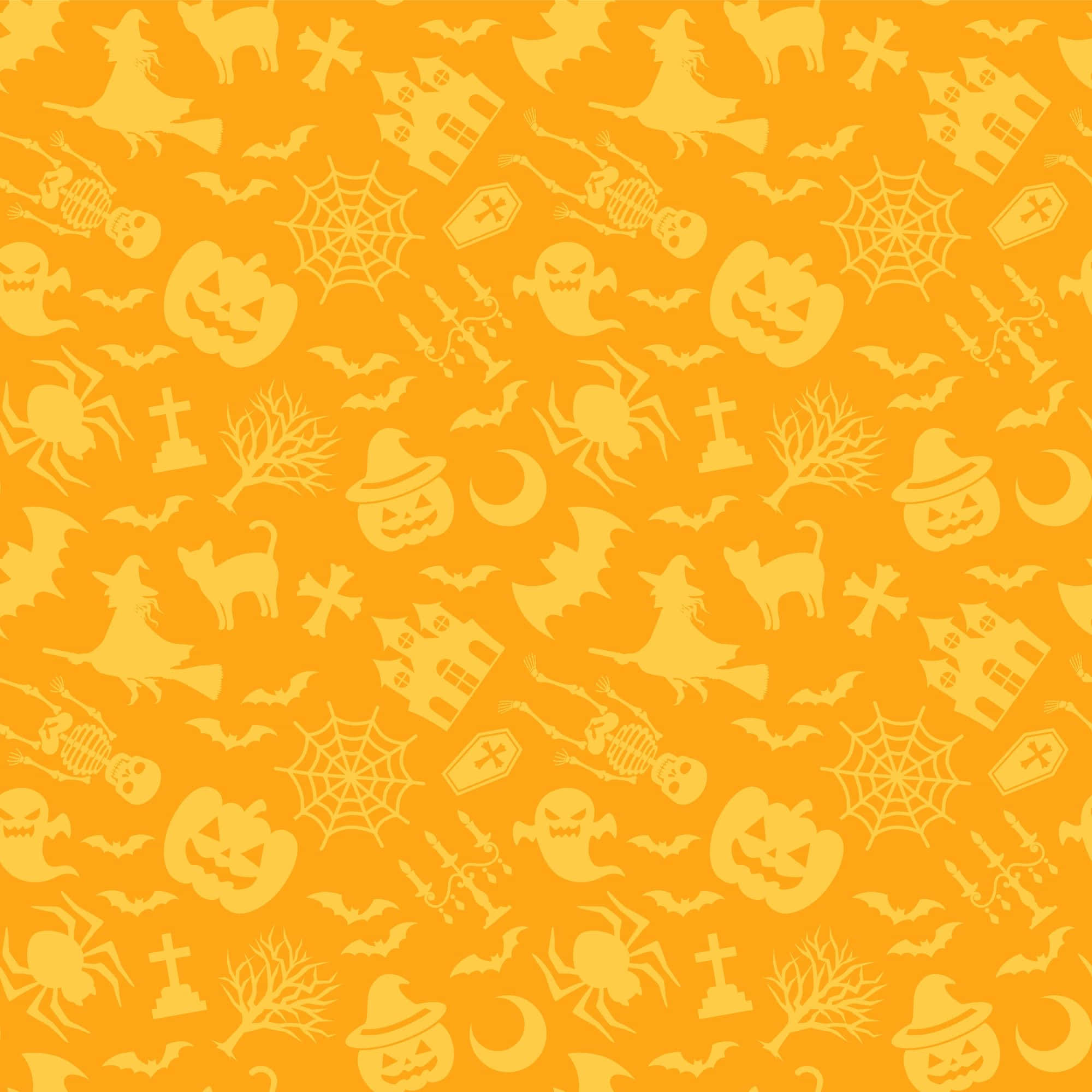Orange Halloween 桌布 壁紙 — 充滿活力的橙色萬聖節牆紙圖案，帶有南瓜、鬼魂、蝙蝠、女巫和蜘蛛的恐怖剪影。