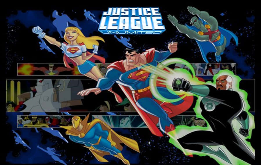 Justice League Unlimited 桌布 壁紙 — 充滿活力的正義聯盟無限英雄以鮮豔的漫畫風格和發光能量效果在太空中翱翔。