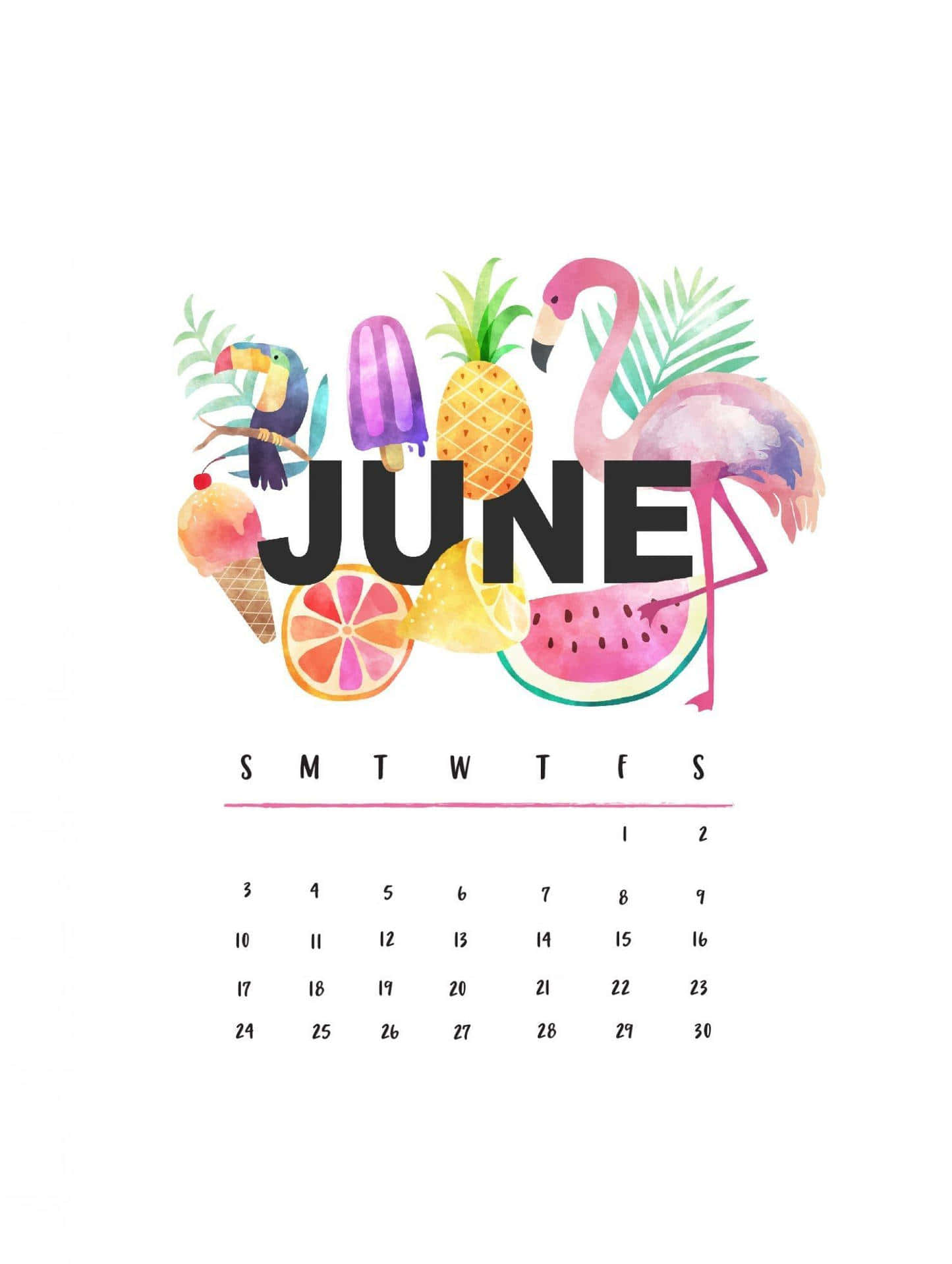 June 桌布 壁紙 — 充滿活力的水彩六月日曆，飾有熱帶火烈鳥、巨嘴鳥、菠蘿、西瓜和柑橘片。