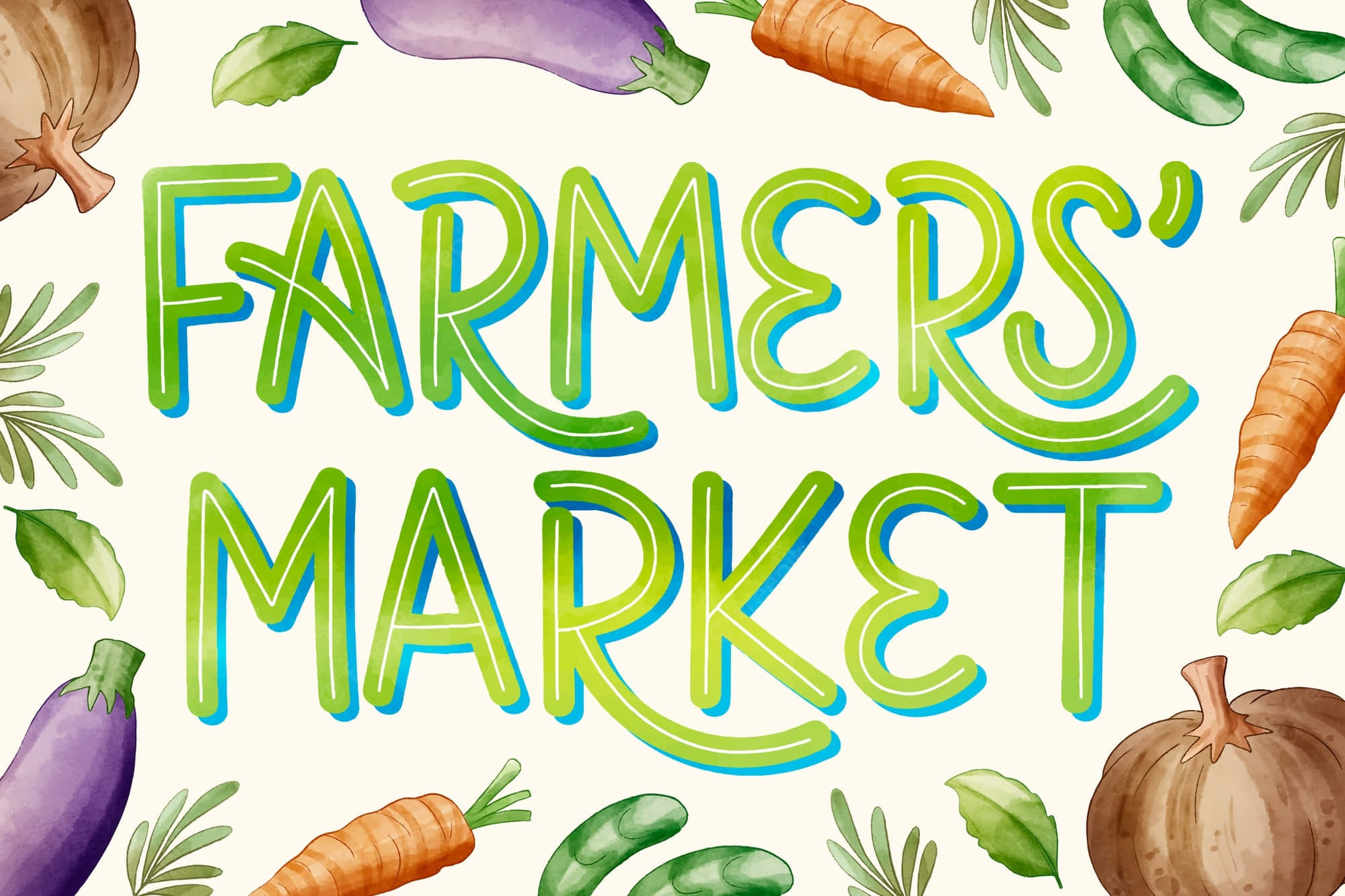 Farmers Market 桌布 壁紙 — 充滿活力的水彩插圖，'FARMERS' MARKET' 文字周圍環繞著新鮮蔬菜，如胡蘿蔔、茄子和南瓜。