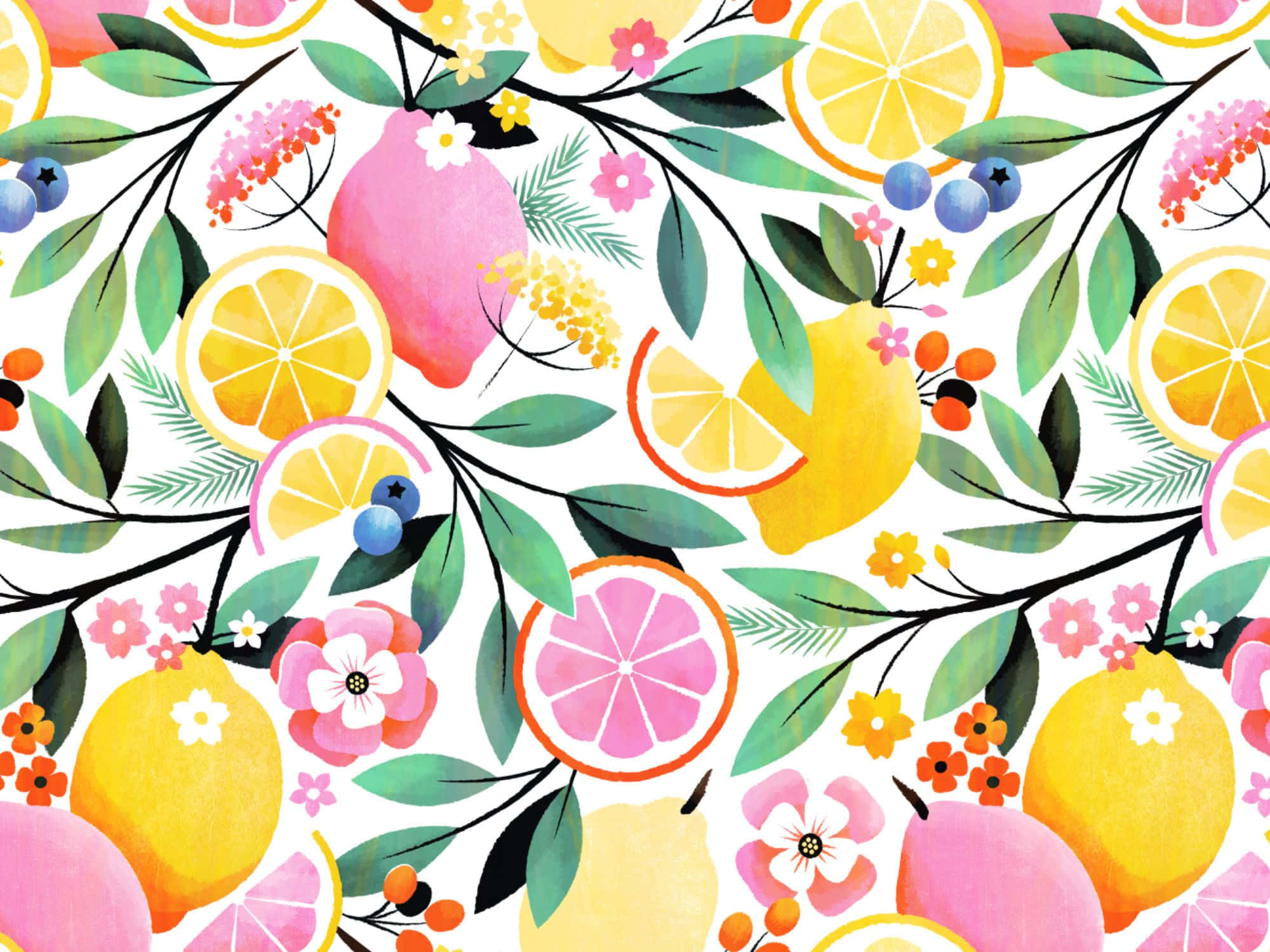 Pink Lemonade 桌布 壁紙 — 充滿活力的水彩插圖，描繪了柑橘片、花朵和漿果在白色背景上交織在一起。