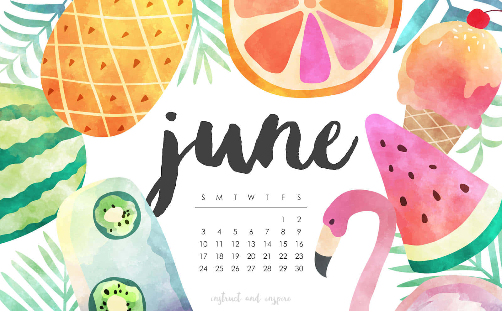 June 桌布 壁紙 — 充滿活力的水彩插圖，描繪熱帶水果、雪糕和火烈鳥圍繞著六月日曆。