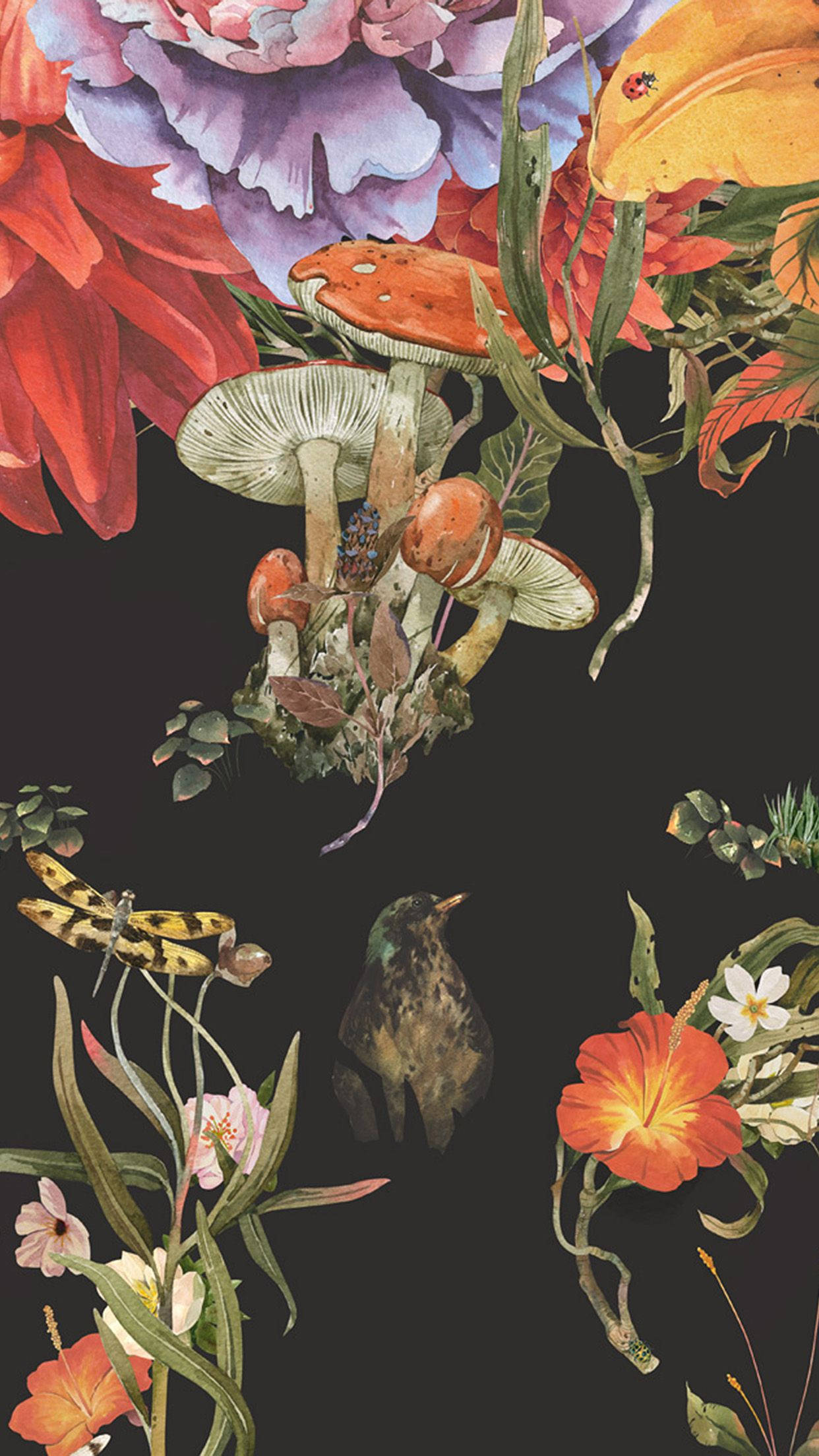 藝術 桌布 壁紙 — 充滿活力的水彩植物，包括蘑菇、花朵和昆蟲，在深色背景上漂浮。