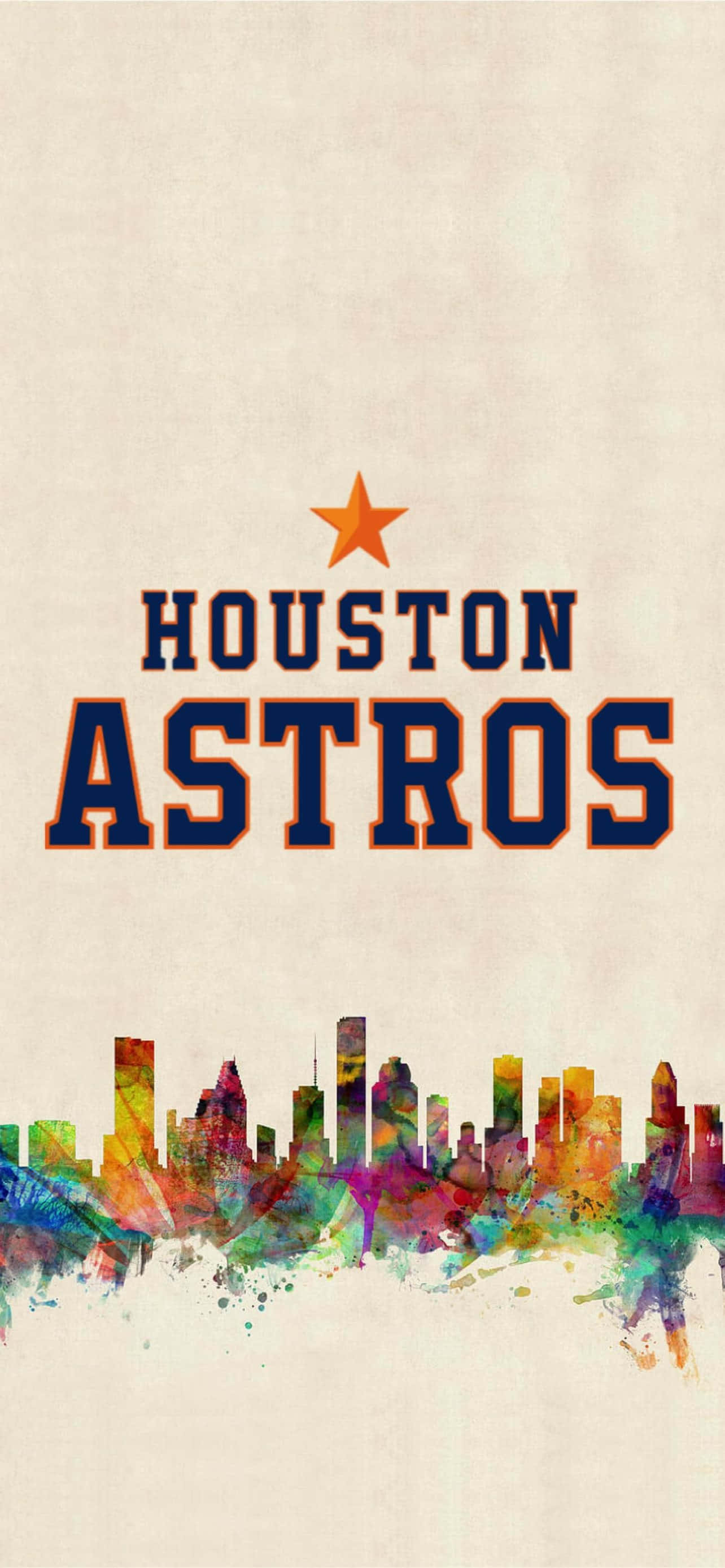 Astros 桌布 壁紙 — 充滿活力的水彩畫休斯敦天際線，上方有「Houston Astros」文字和星星，背景為紋理米色。