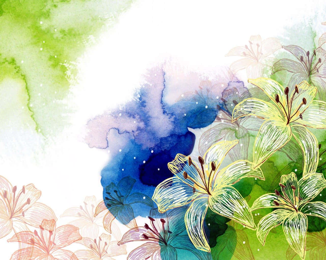 Flower Art 桌布 壁紙 — 充滿活力的水彩百合在夢幻般的綠、藍、白漸變背景中綻放，帶有精緻的線條藝術細節。