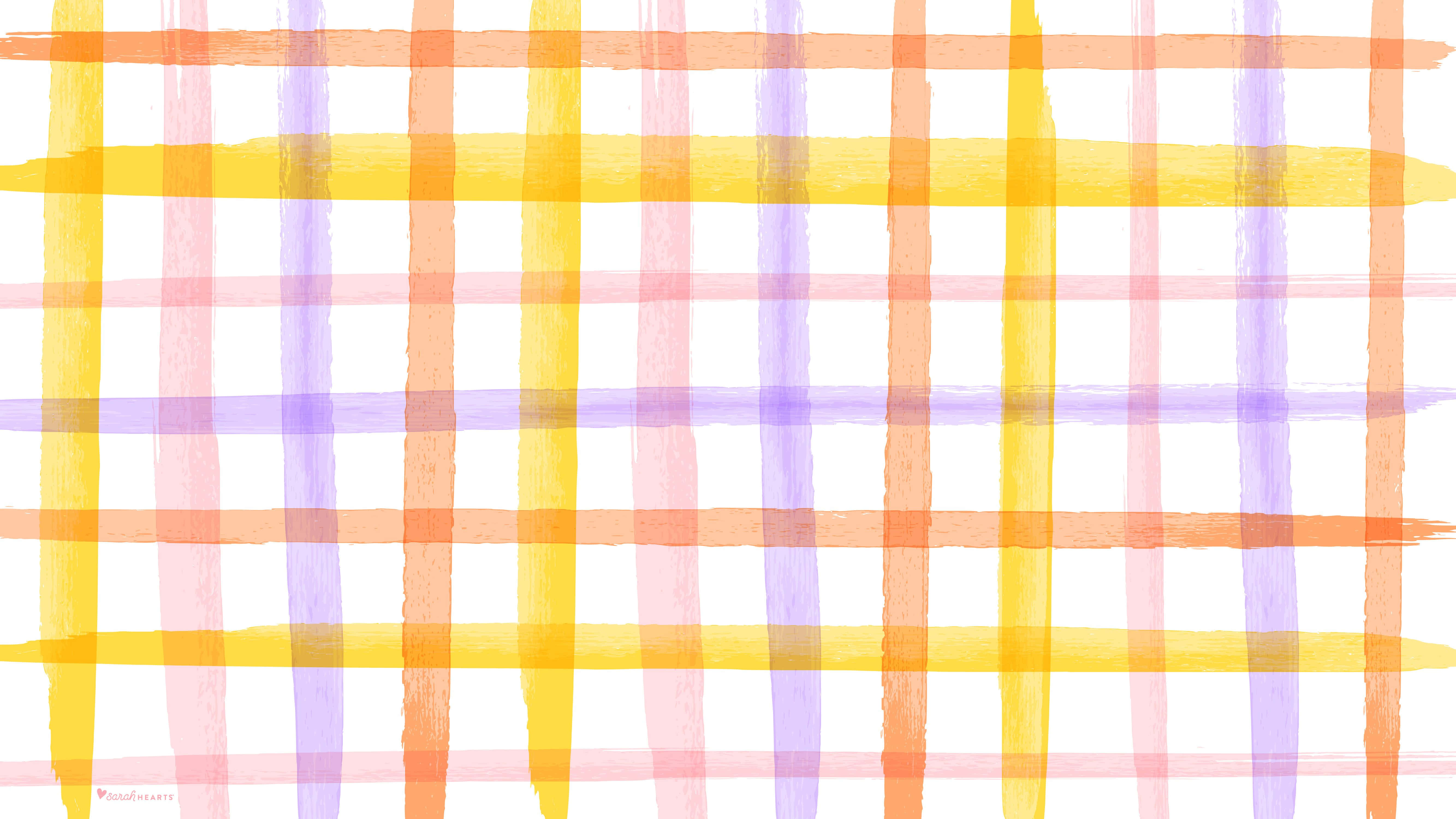 Spring Pastel 桌布 壁紙 — 充滿活力的水彩筆觸在白色背景上形成一個色彩繽紛的網格圖案，帶有橙色、黃色和薰衣草色調。