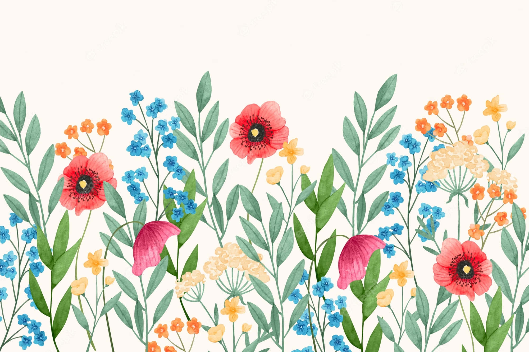 Wildflower 桌布 壁紙 — 充滿活力的水彩花卉在茂盛的花園邊界中綻放，有紅色罌粟花、藍色勿忘我和黃色花朵，襯托著柔和的奶油色背景。