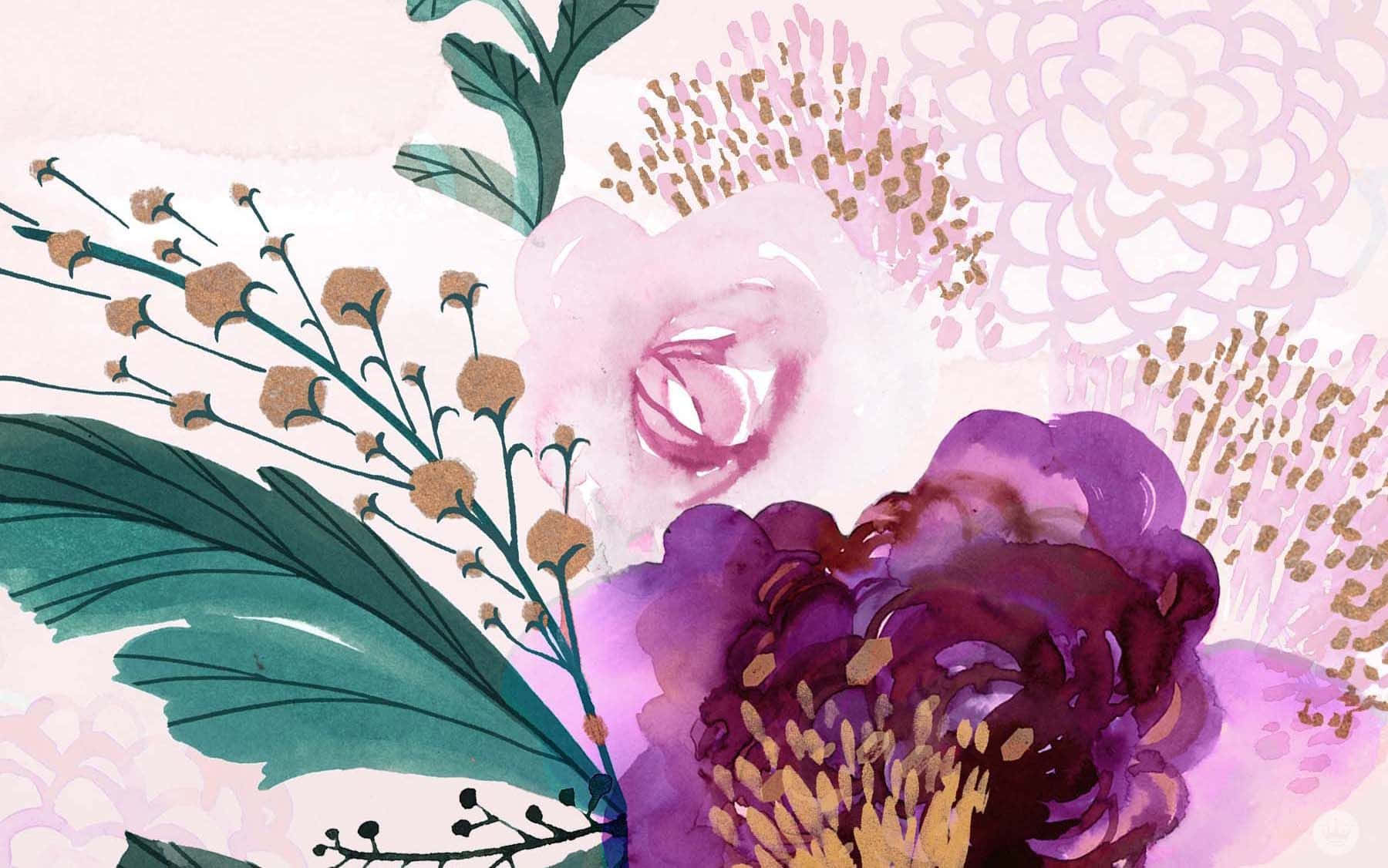 pinterest 桌布 壁紙 — 充滿活力的水彩花卉插圖，以紫色牡丹、粉紅玫瑰和青綠色葉子為特色，襯托柔和的粉紅色背景。