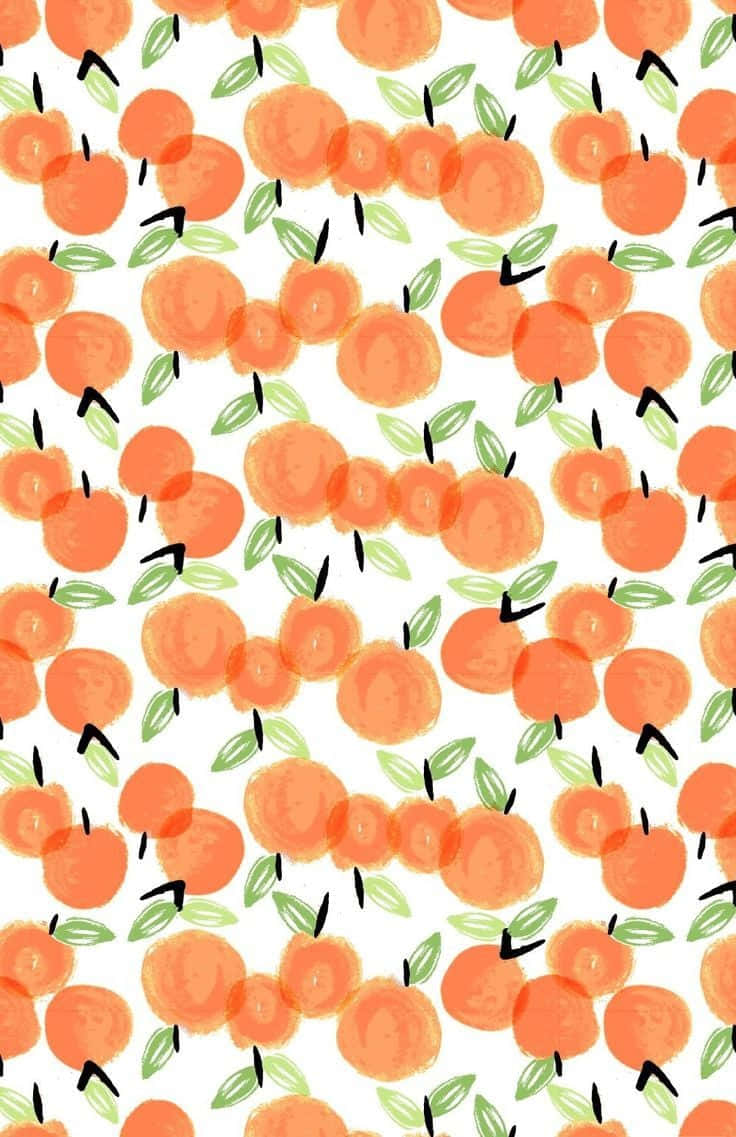 Peach iPhone 桌布 壁紙 — 充滿活力的水彩風格橙子，搭配綠色葉子，散落在潔白的背景上，形成俏皮的重複圖案。