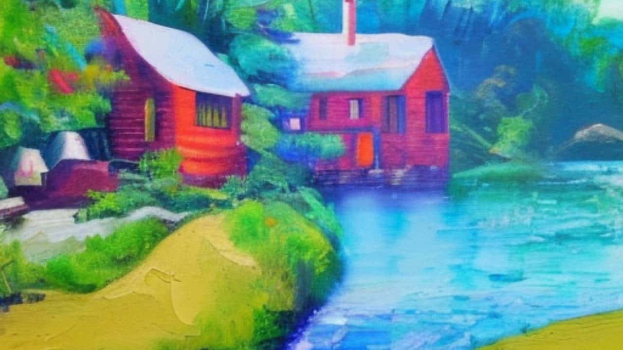 1280x720 桌布 壁紙 — 充滿活力的油畫，描繪了藍色河流旁的紅色小屋，周圍環繞著茂密的綠色森林。