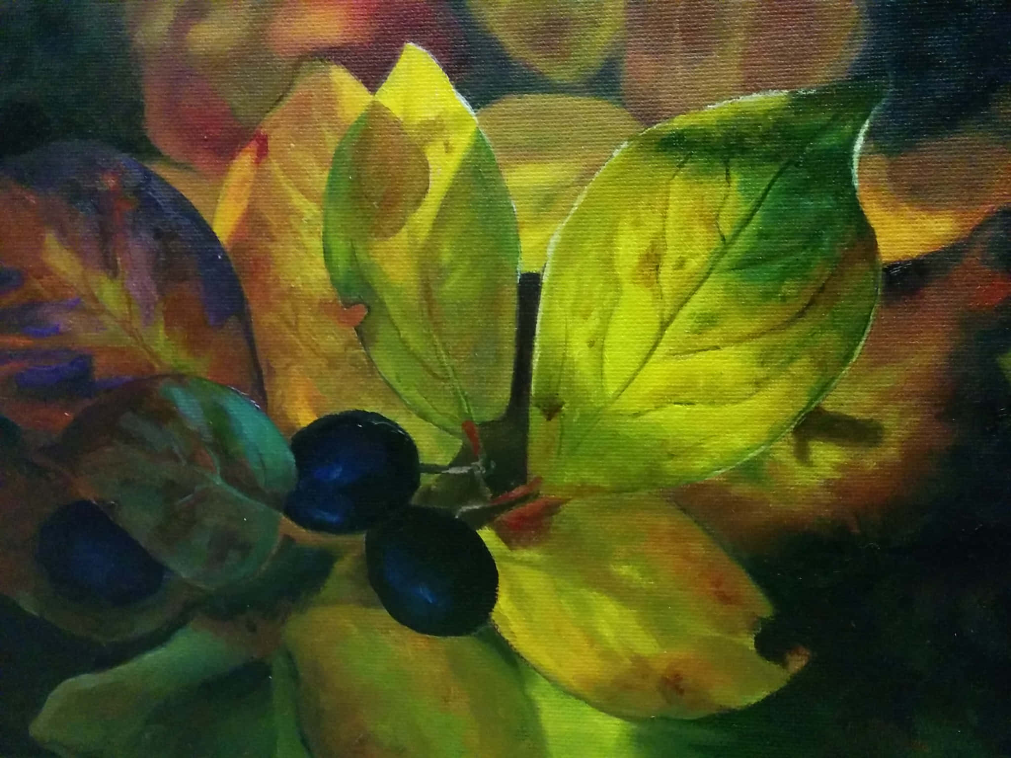 Autumn Bounty 桌布 壁紙 — 充滿活力的油畫，描繪秋葉和深色漿果在溫暖光線下閃耀，背景是模糊多彩的。