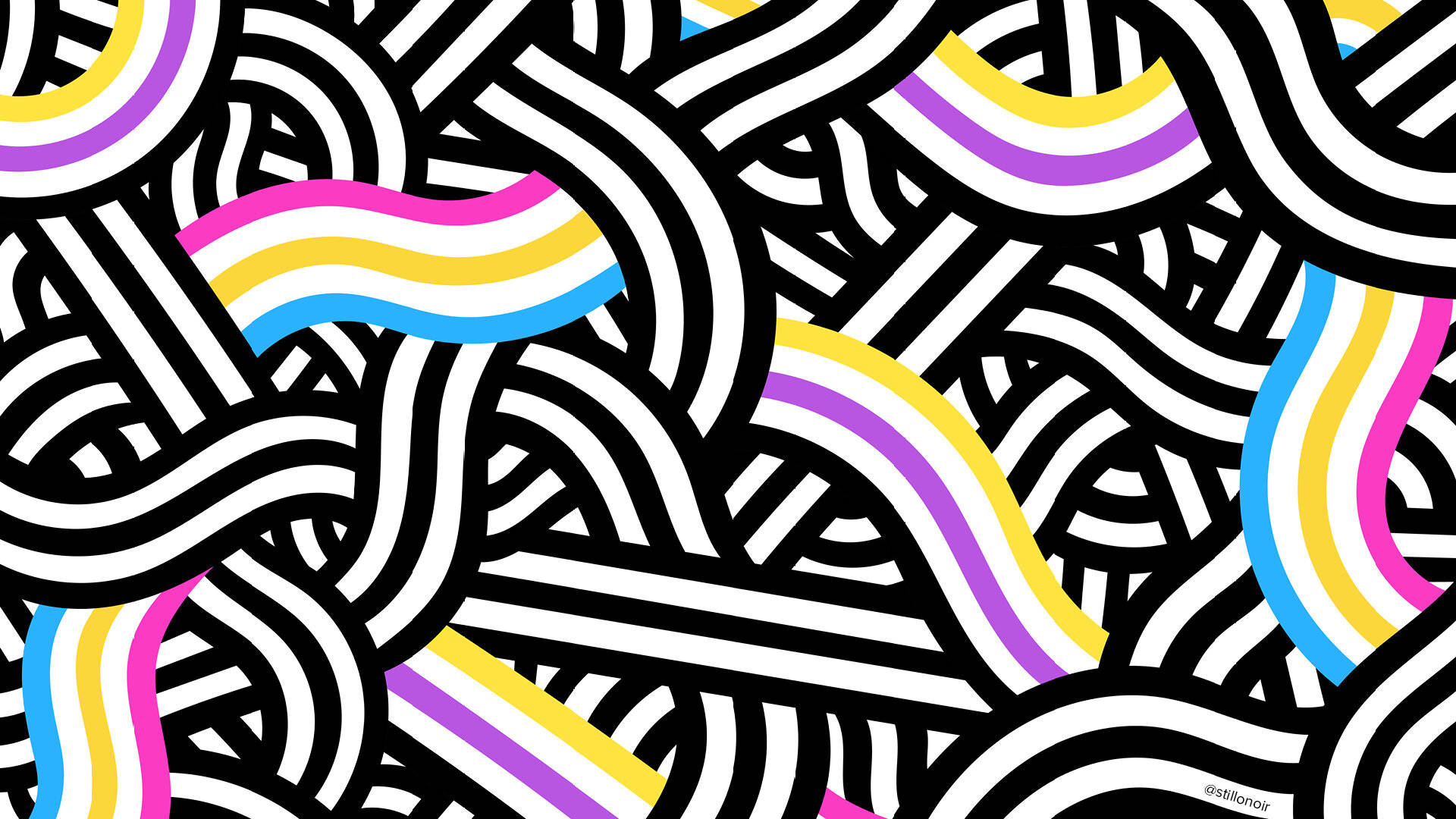 lgbt 桌布 壁紙 — 充滿活力的波浪條紋，以粉紅、黃、紫和藍色交織在醒目的黑白幾何圖案中。