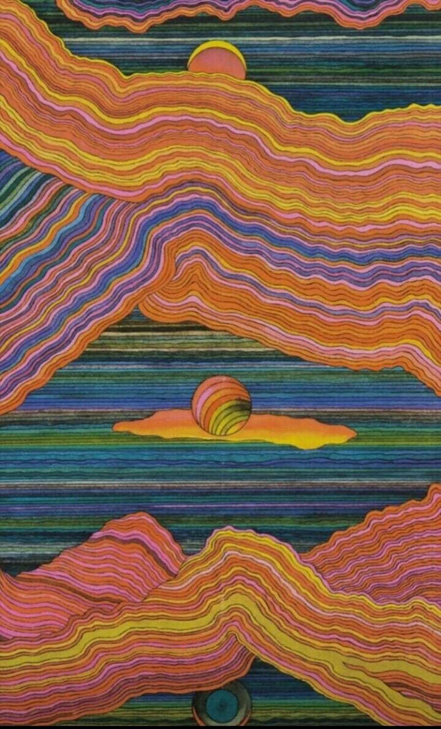 Psychedelic 70s Aesthetic 桌布 壁紙 — 充滿活力的波浪條紋，橙色、粉紅色和藍色，形成超現實的浮島，島上有條紋球體，天空也是條紋狀。