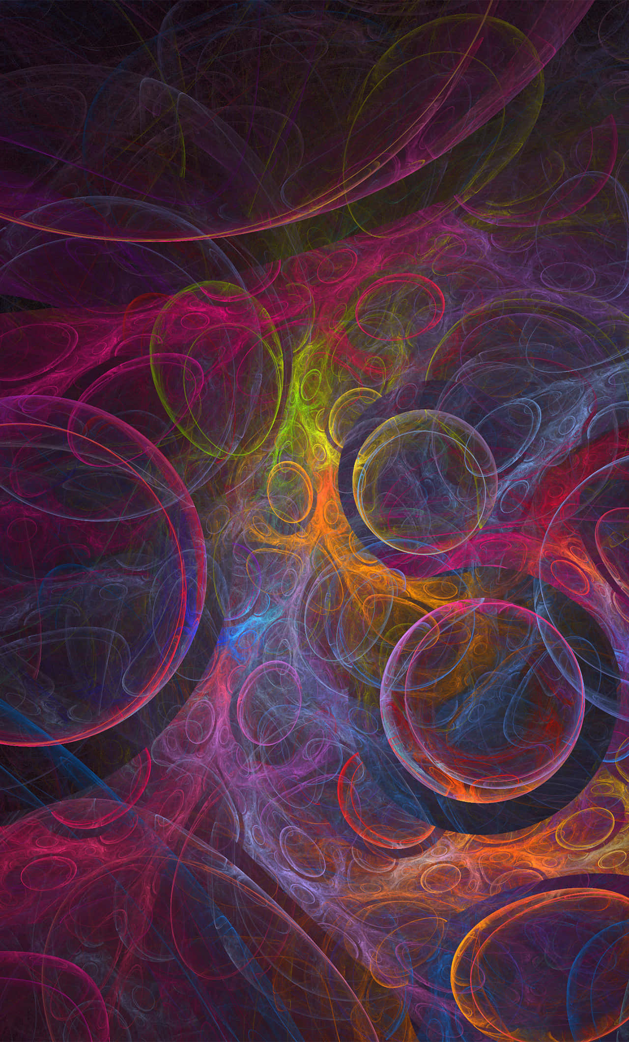 Psychedelic Neon Lights 桌布 壁紙 — 充滿活力的洋紅色、橙色和藍色分形漩渦在黑暗背景上發光，並有漂浮的半透明球體。