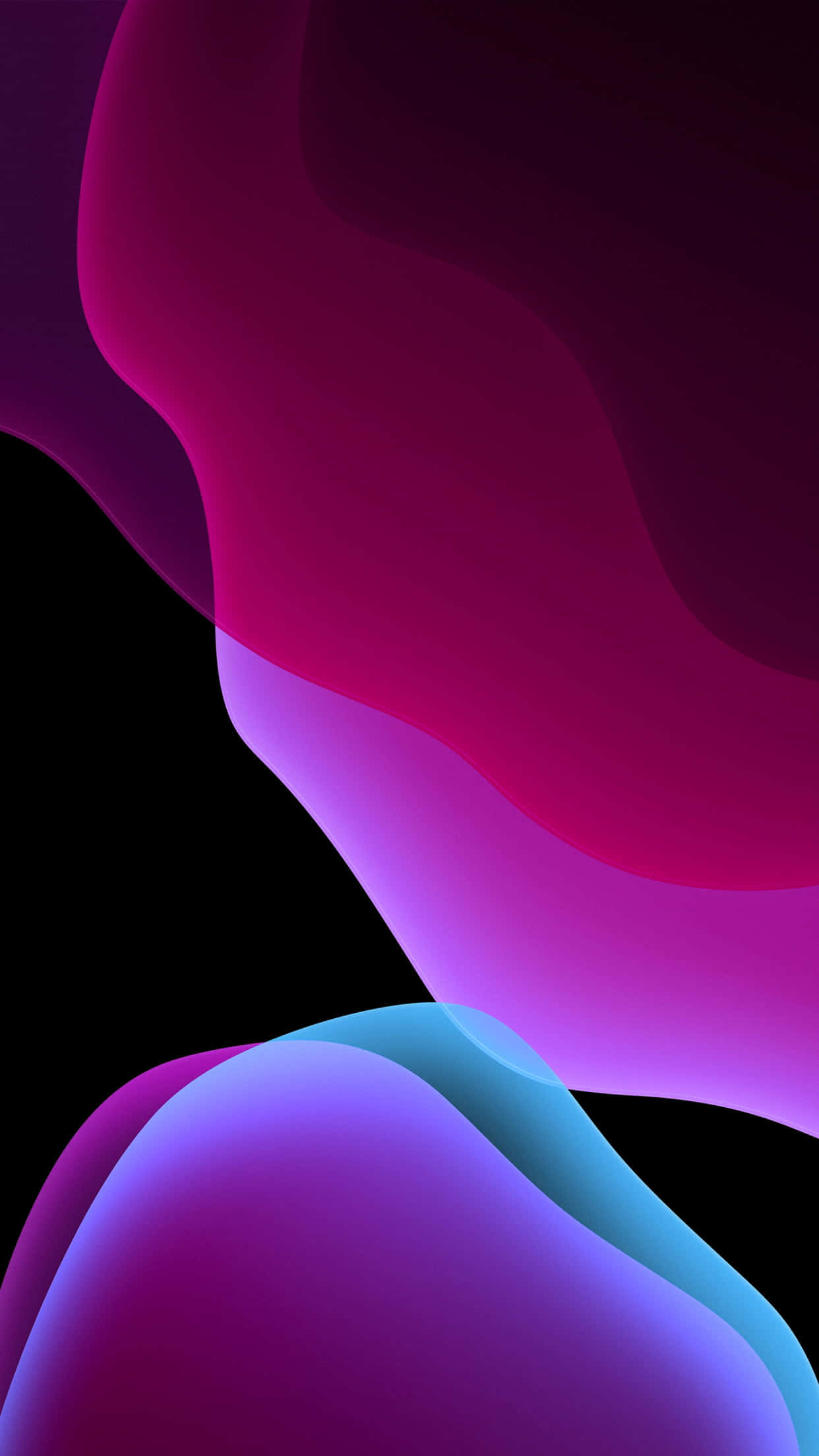 iOS 14 桌布 壁紙 — 充滿活力的洋紅色和青色流體波浪在深黑色背景上優雅地流動。