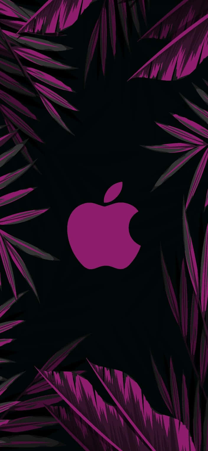 iPhone風格壁紙 桌布 壁紙 — 充滿活力的洋紅色棕櫚葉在深黑色背景上框出一個發光的蘋果標誌。