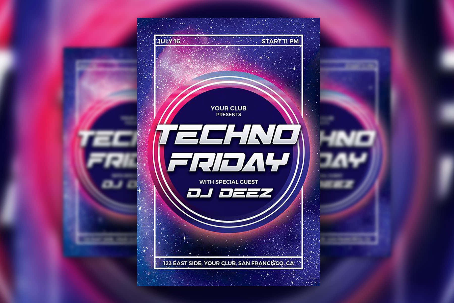 Techno Friday俱樂部傳單，在宇宙背景上顯示DJ Deez活動詳情。