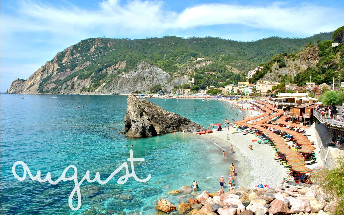 August 桌布 壁紙 — 充滿活力的海岸沙灘場景，有碧綠的海水、岩石峭壁和陽光明媚的日子裡在傘下享受日光浴的人們。