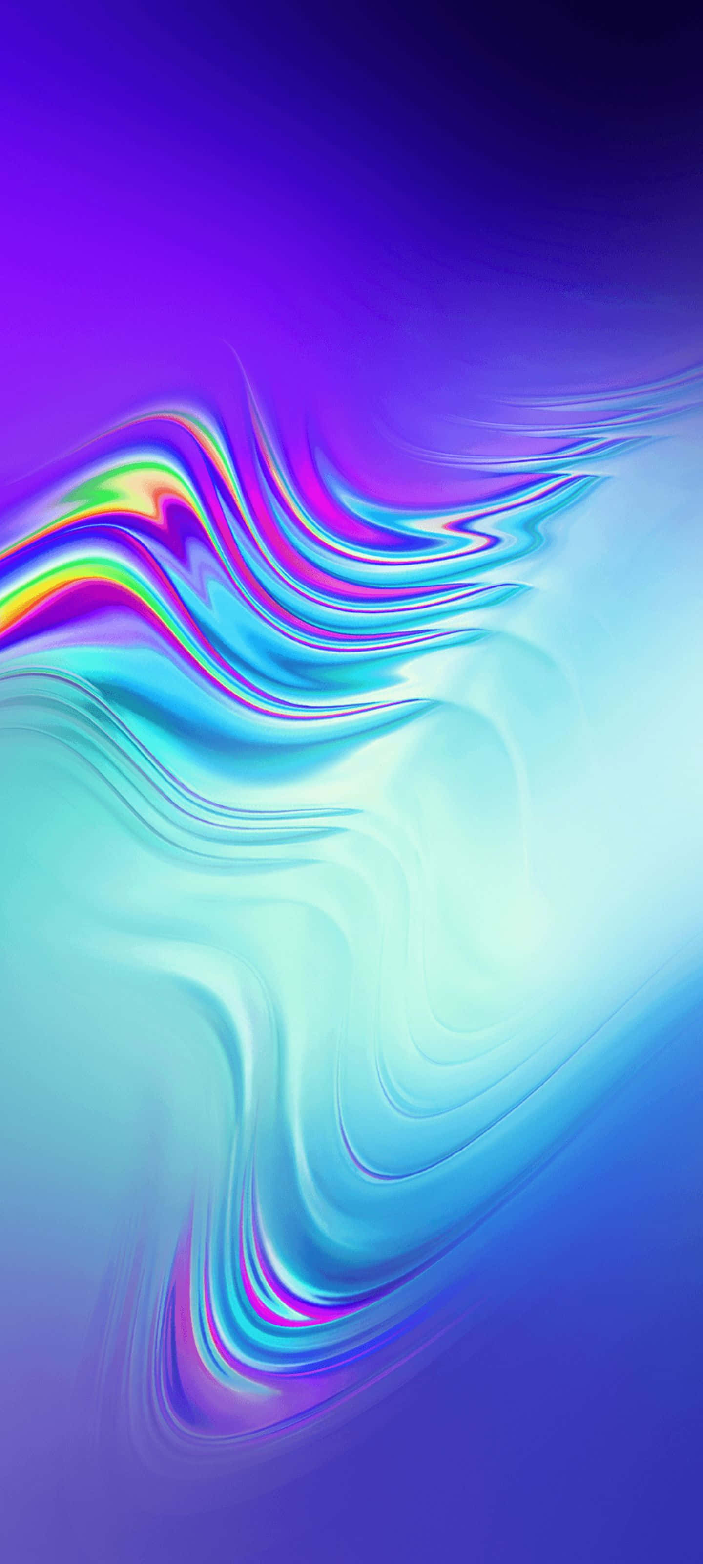 Samsung S20 桌布 壁紙 — 充滿活力的液體狀漩渦，呈現紫色、藍色和彩虹色調，在漸變背景上動態流動。