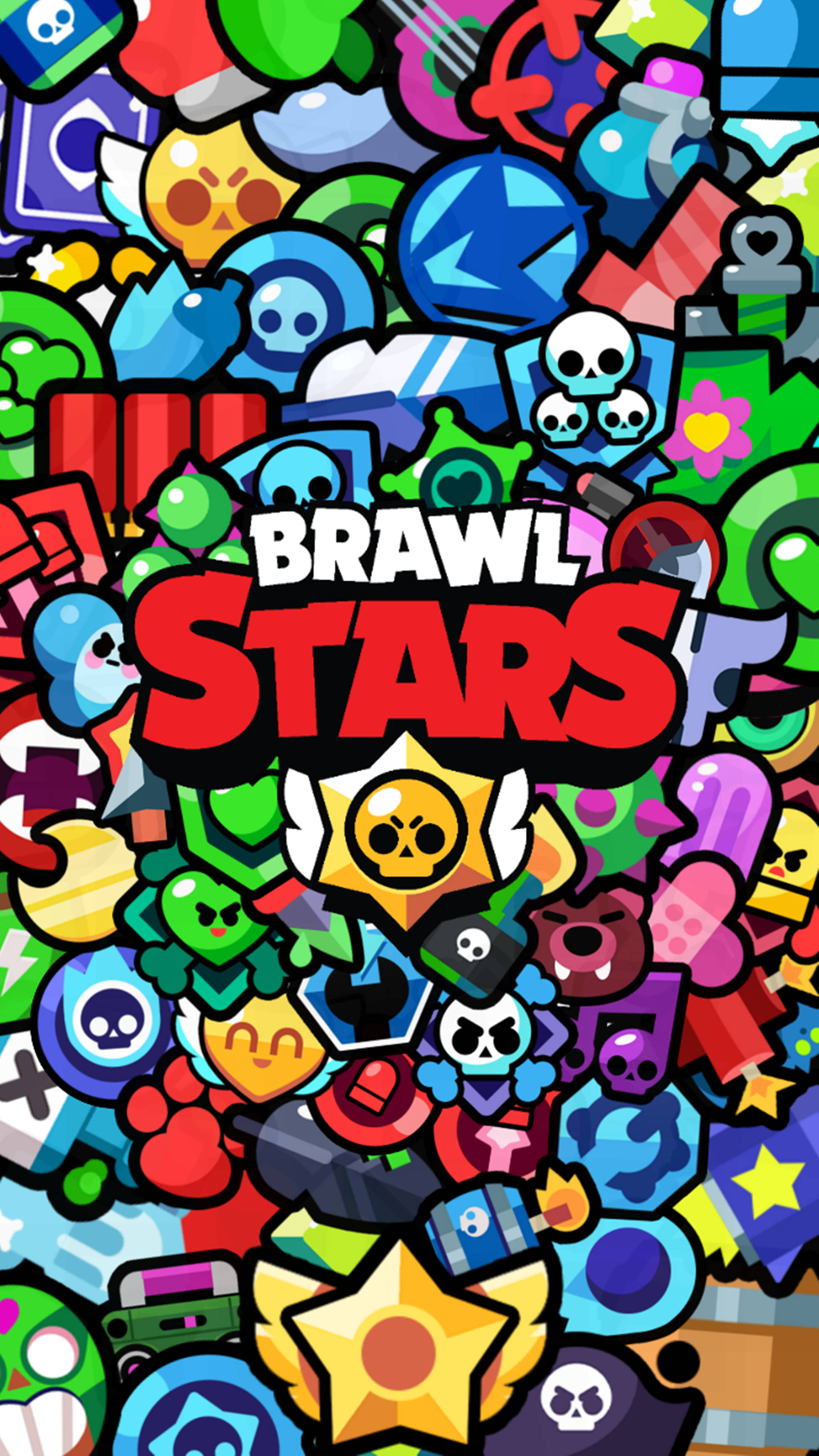 Brawl Stars 桌布 壁紙 — 充滿活力的混亂拼貼畫，包含《荒野亂鬥》角色和圖標，迸發出大膽色彩和俏皮能量。