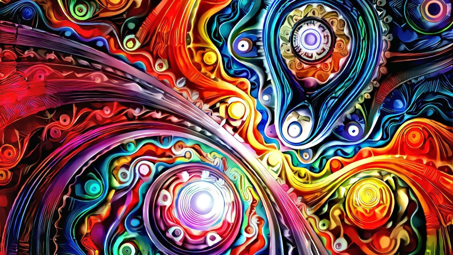 innovation 桌布 壁紙 — 充滿活力的漩渦迷幻圖案，帶有發光的眼睛和彩虹色調，創造出超現實的數位藝術作品。
