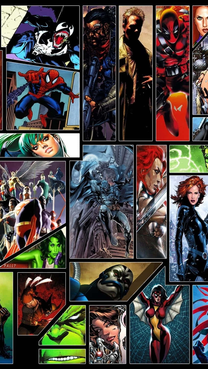 Marvel Vs Dc Universe 桌布 壁紙 — 充滿活力的漫畫拼貼畫，在不同面板上展示標誌性的超級英雄和反派角色，姿勢動感十足。