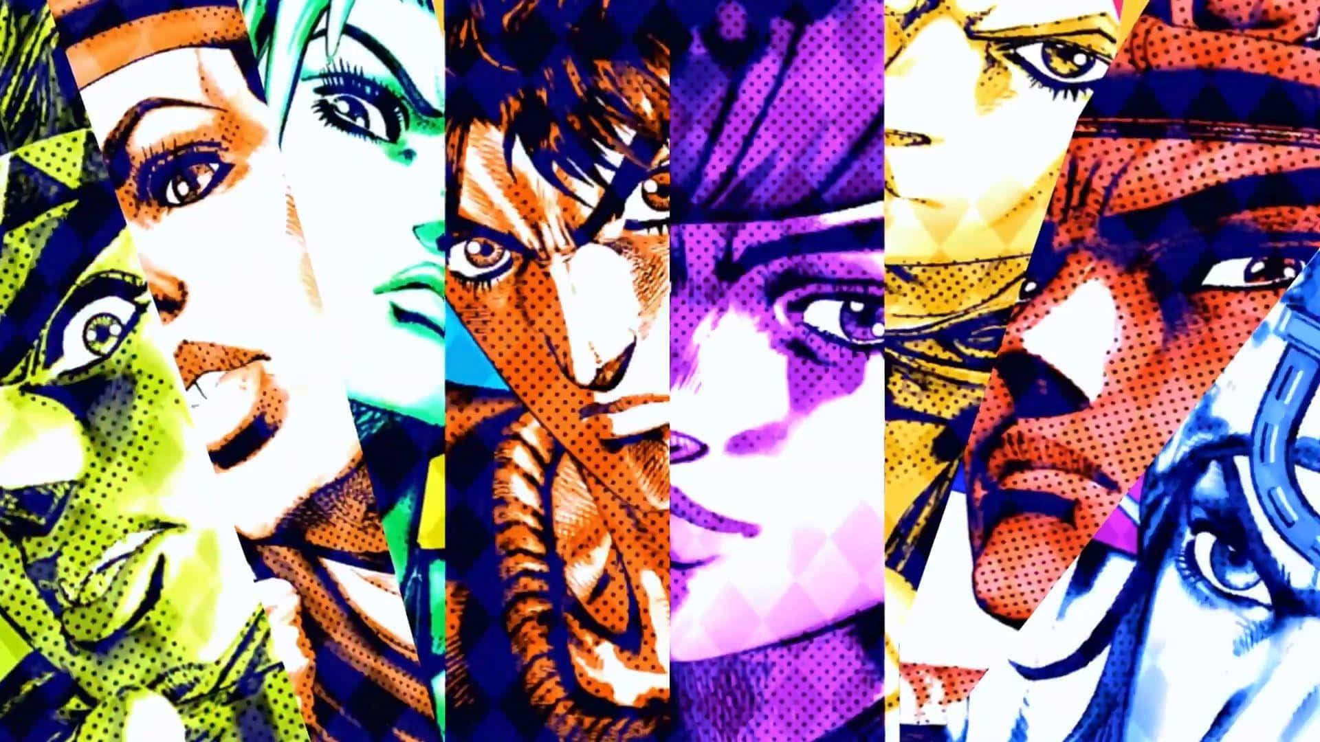 Battle Tendency 桌布 壁紙 — 充滿活力的漫畫風格動漫角色肖像，色彩大膽，帶有半色調圖案。