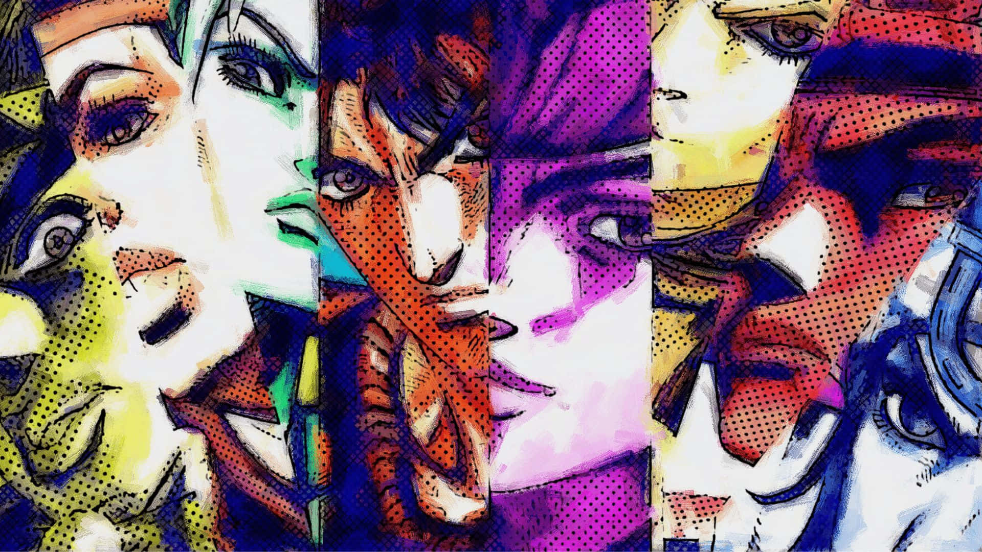 Jonathan Joestar 桌布 壁紙 — 充滿活力的漫畫風格動漫角色肖像，色彩大膽，半色調點狀，垂直拼貼。