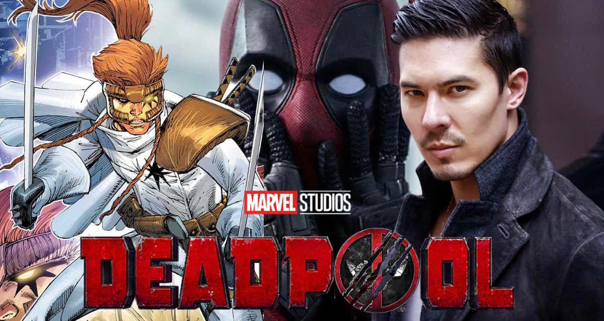 Shatterstar 桌布 壁紙 — 充滿活力的漫畫風格壁紙， featuring Deadpool，一個戴面具的超級英雄，與真人演員和風格化的動漫戰士一起。