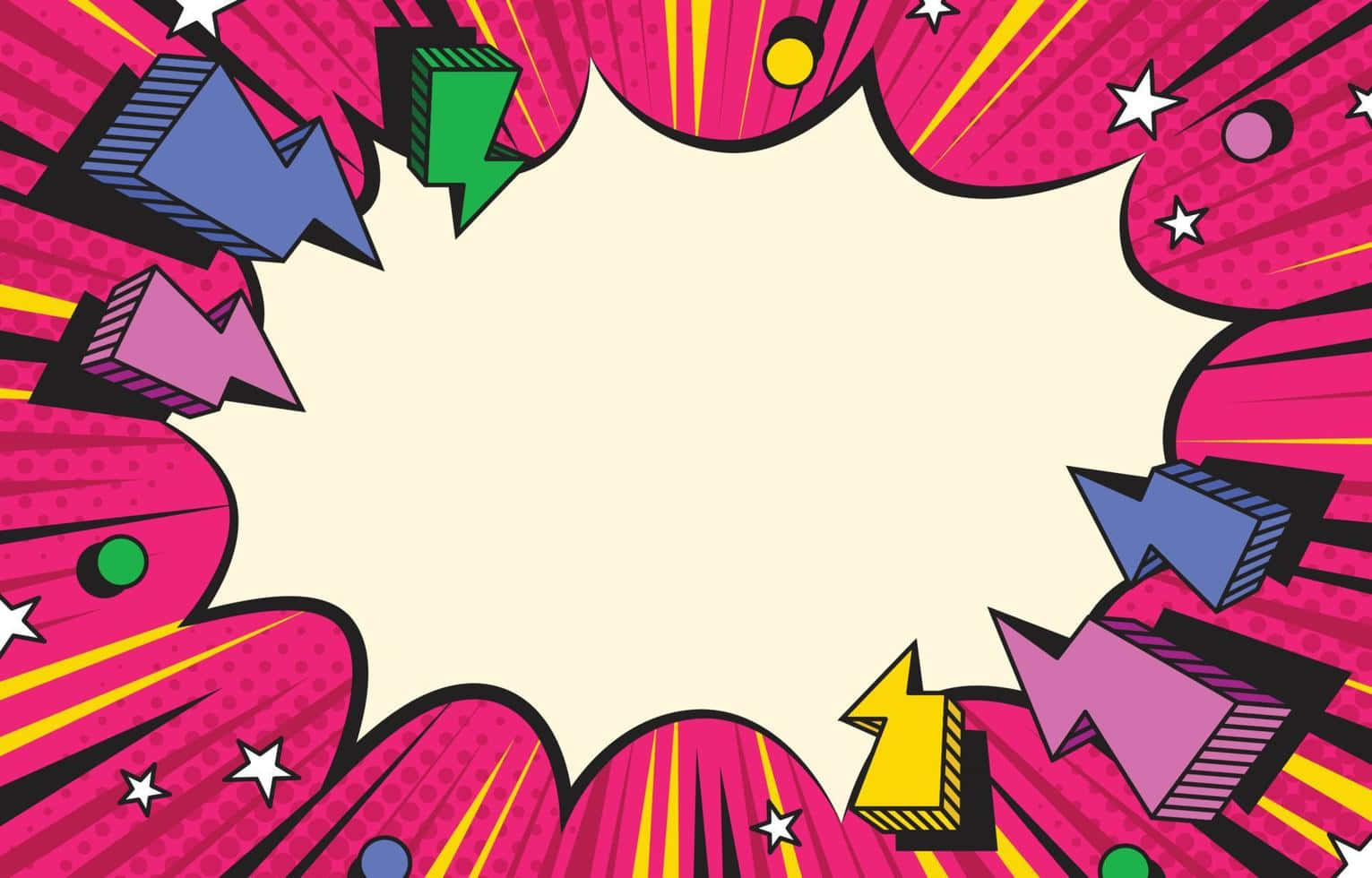 Vector Art 桌布 壁紙 — 充滿活力的漫畫風格框架，帶有鮮豔的粉紅色星星、箭頭和半色調爆發，環繞米色中心。