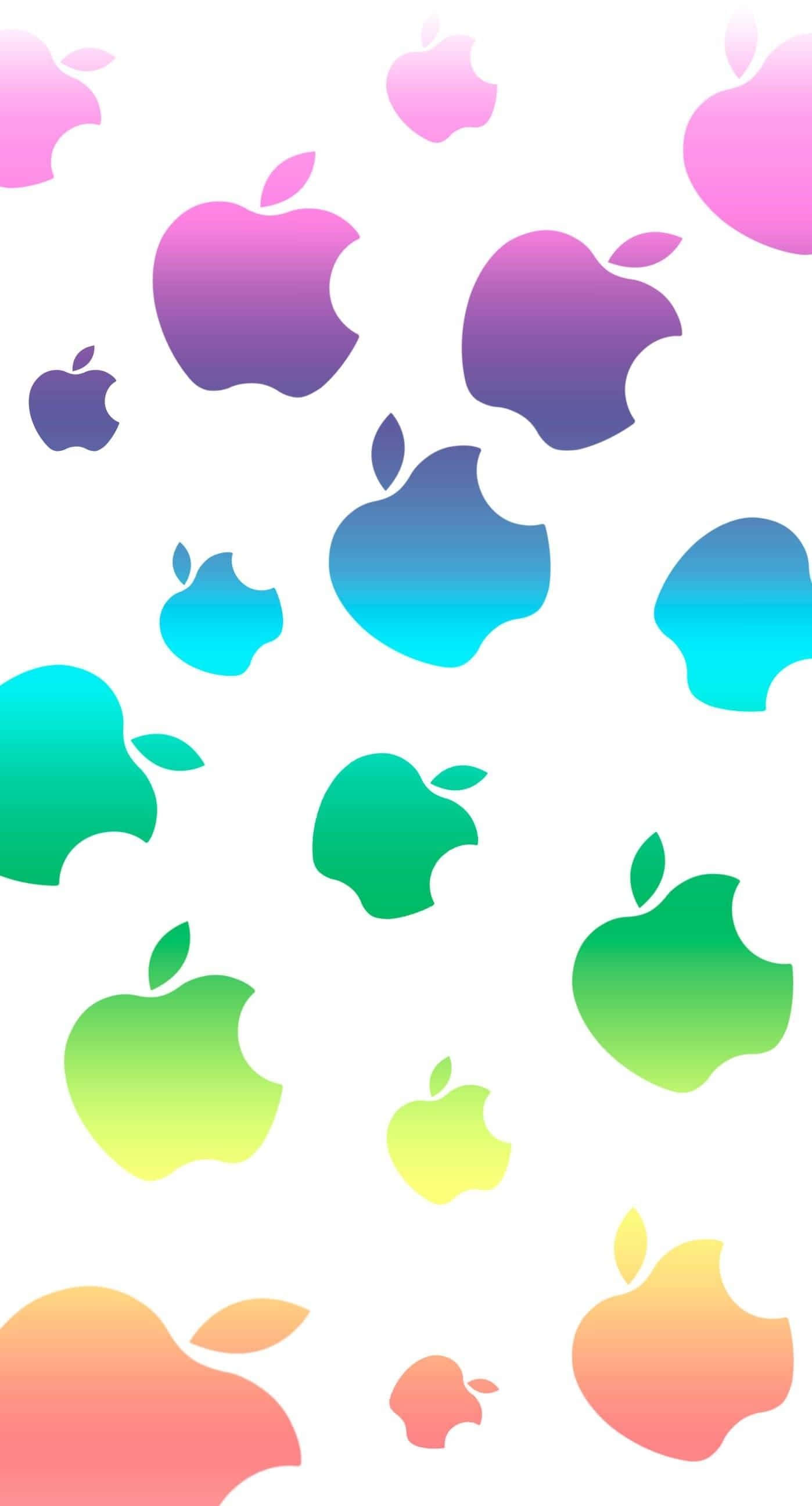 可愛 iPhone 壁紙 桌布 壁紙 — 充滿活力的漸變 Apple 標誌在乾淨的白色背景上以俏皮的分散圖案漂浮。