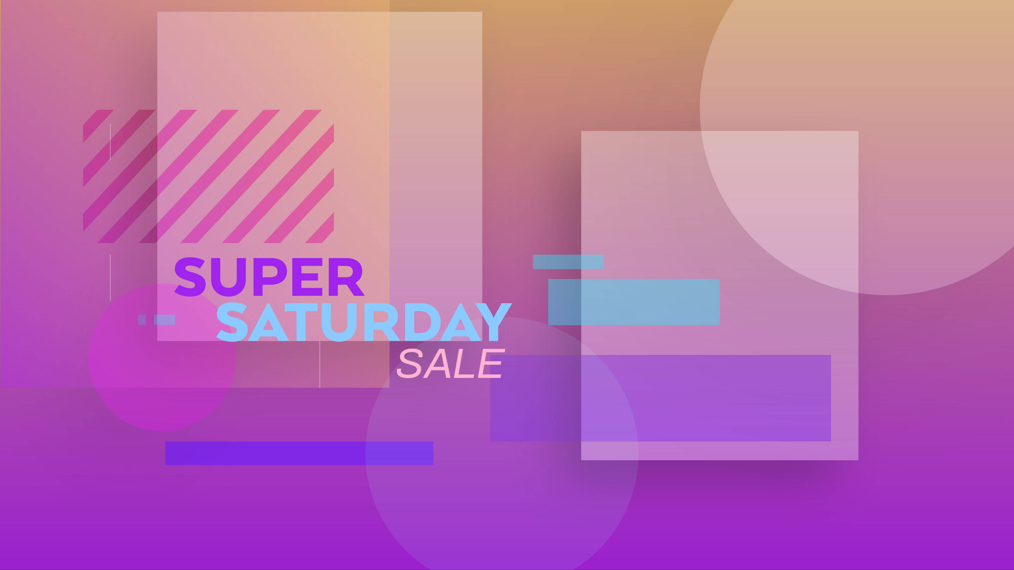 saturday 桌布 壁紙 — 充滿活力的漸變背景，帶有浮動幾何形狀和粗體文字，宣佈超級星期六促銷活動。
