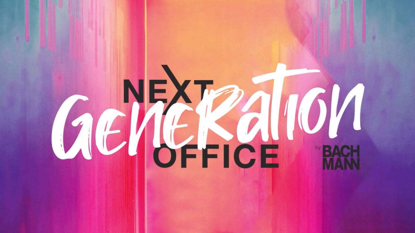 Next Generation Office 壁紙 — 充滿活力的漸變背景，粉紅色和紫色調在粗體白色和黑色文字「Next Generation Office by Bachmann」後方滴落。
