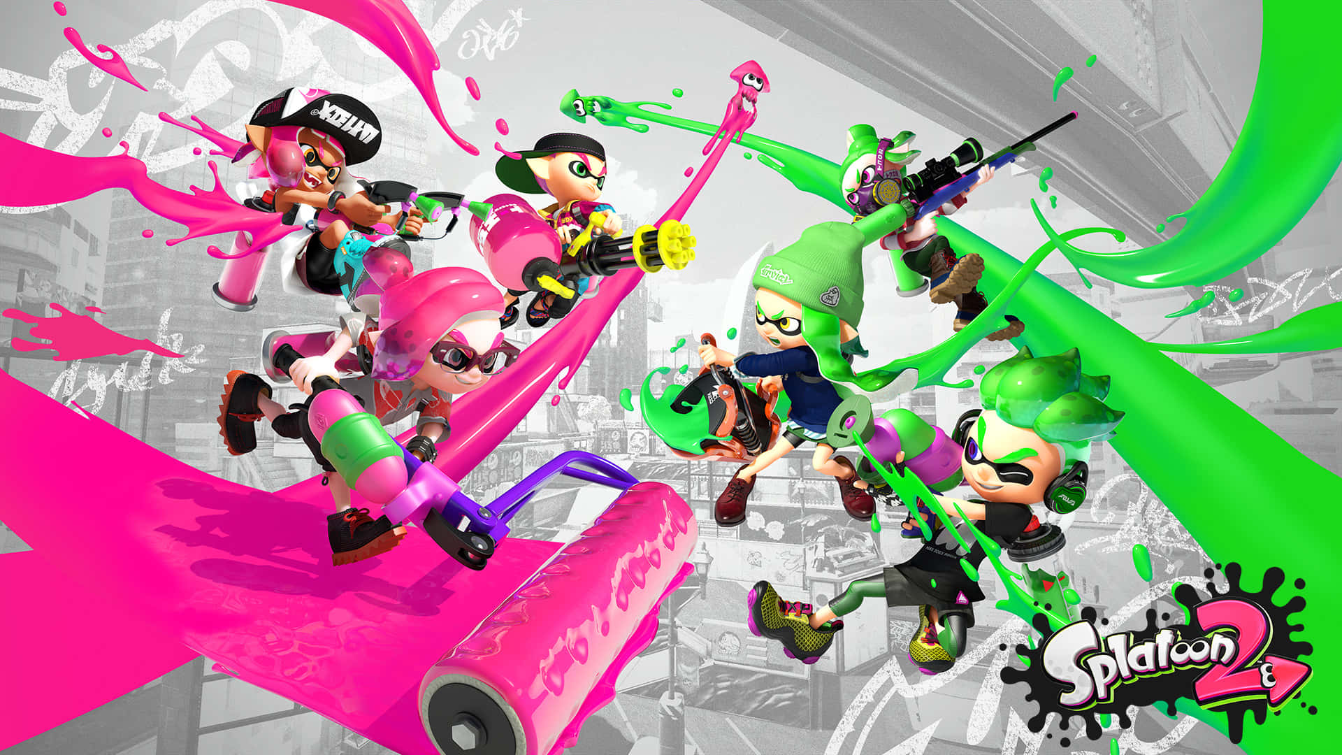 splatoon 桌布 壁紙 — 充滿活力的濺墨角色在《Splatoon 2》的動態城市戰鬥場景中跳躍射擊。