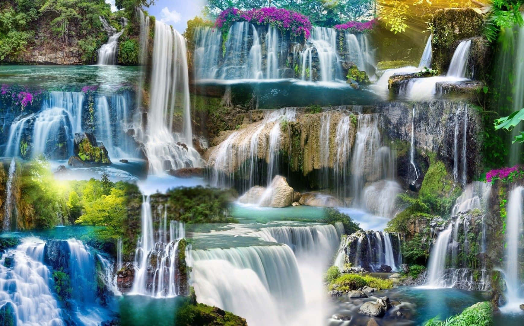 Waterfalls 桌布 壁紙 — 充滿活力的瀑布層疊在長滿苔蘚的岩石上，周圍環繞著茂密的綠植和紫色花朵，在明亮的天空下。
