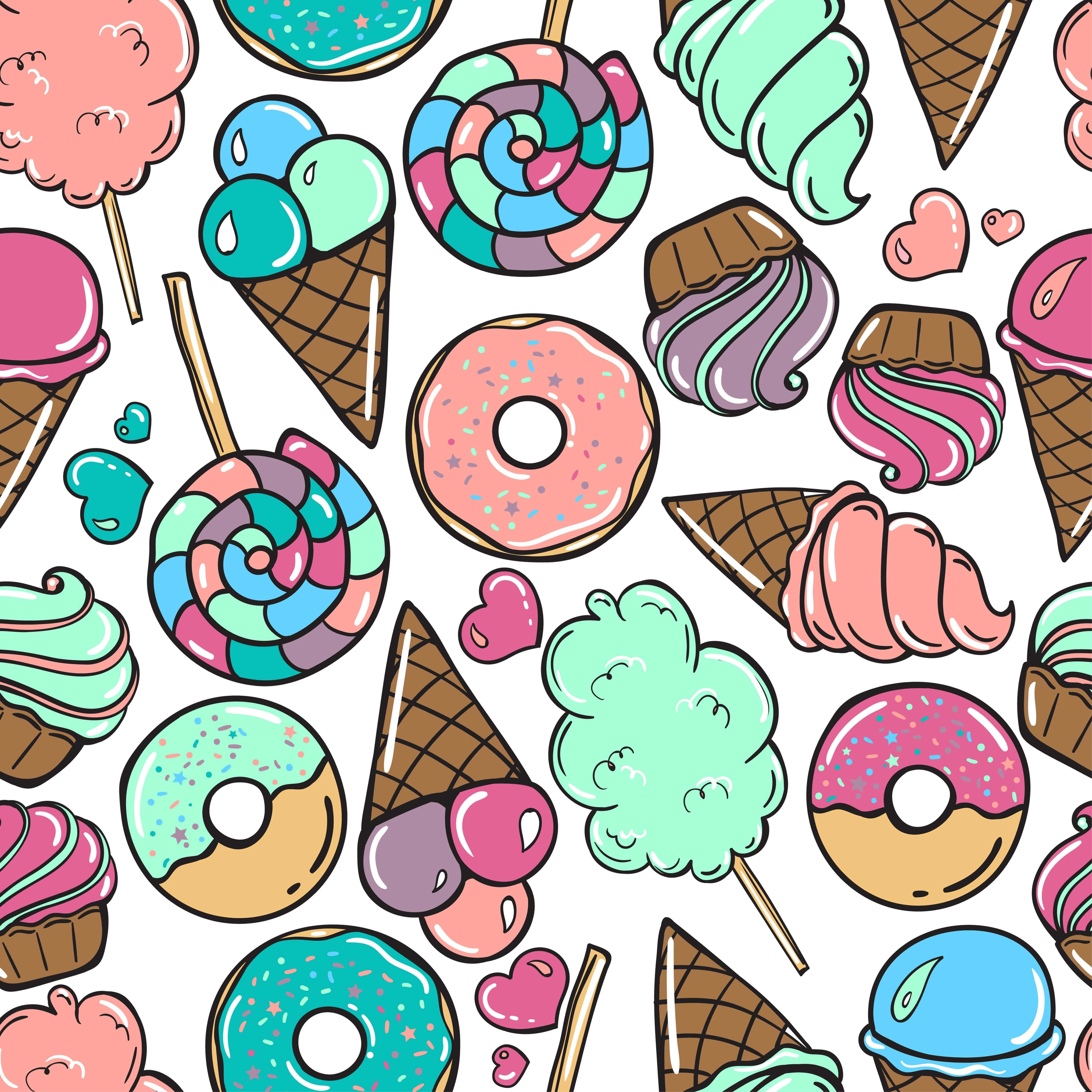 Cute Donut 桌布 壁紙 — 充滿活力的無縫圖案，包含色彩繽紛的卡通風格糖果，包括雪糕筒、棉花糖和灑上糖粒的冬甩。