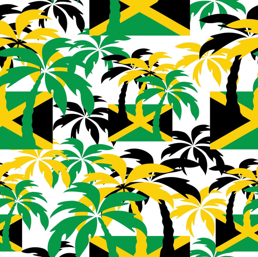 Jamaica 桌布 壁紙 — 充滿活力的熱帶棕櫚樹以綠色、黃色和黑色在白色背景上重複排列，並帶有牙買加國旗圖案。