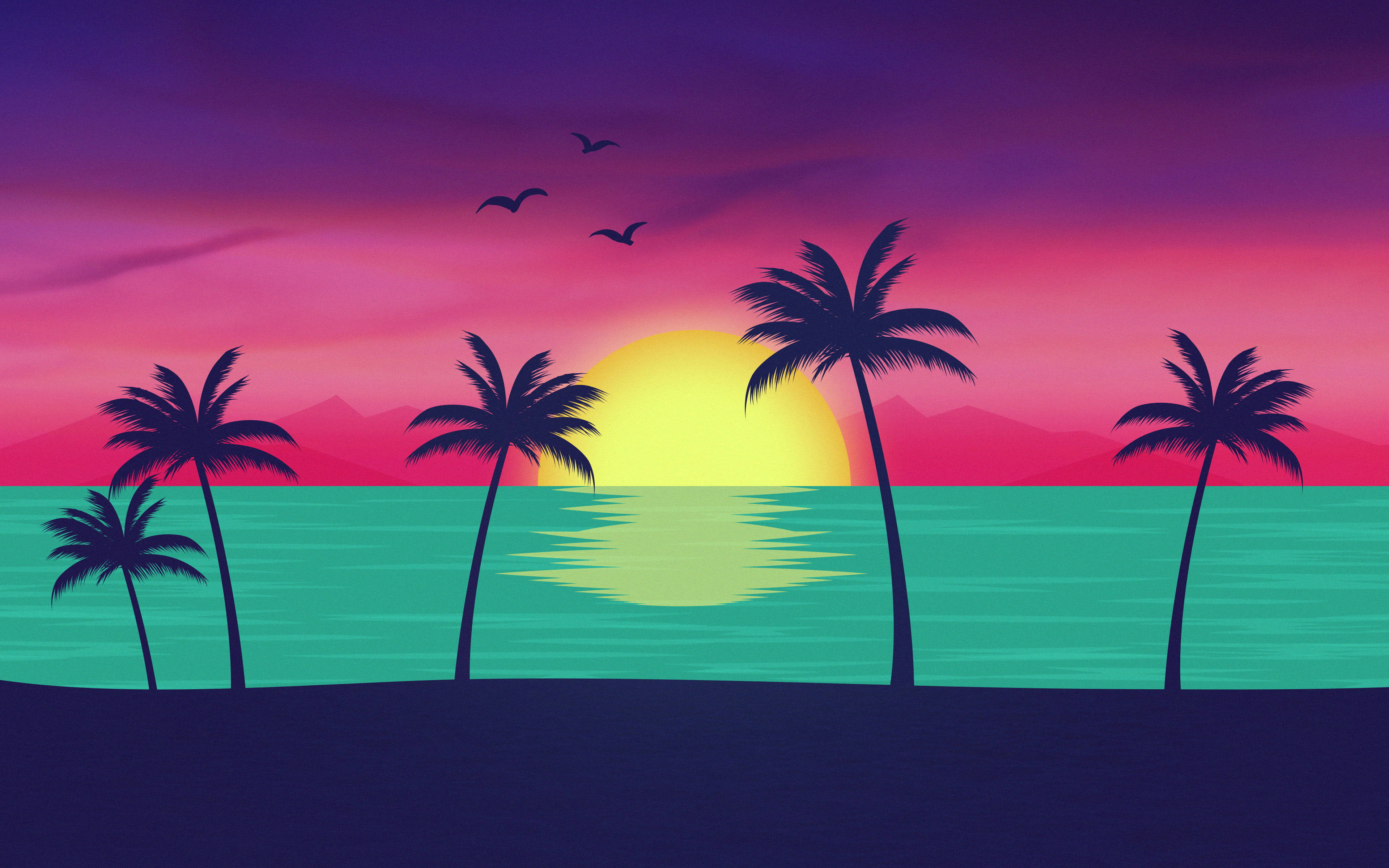 Palm Tree Sunset 桌布 壁紙 — 充滿活力的熱帶海洋日落，棕櫚樹在粉紫色天空和飛鳥的襯托下形成剪影。