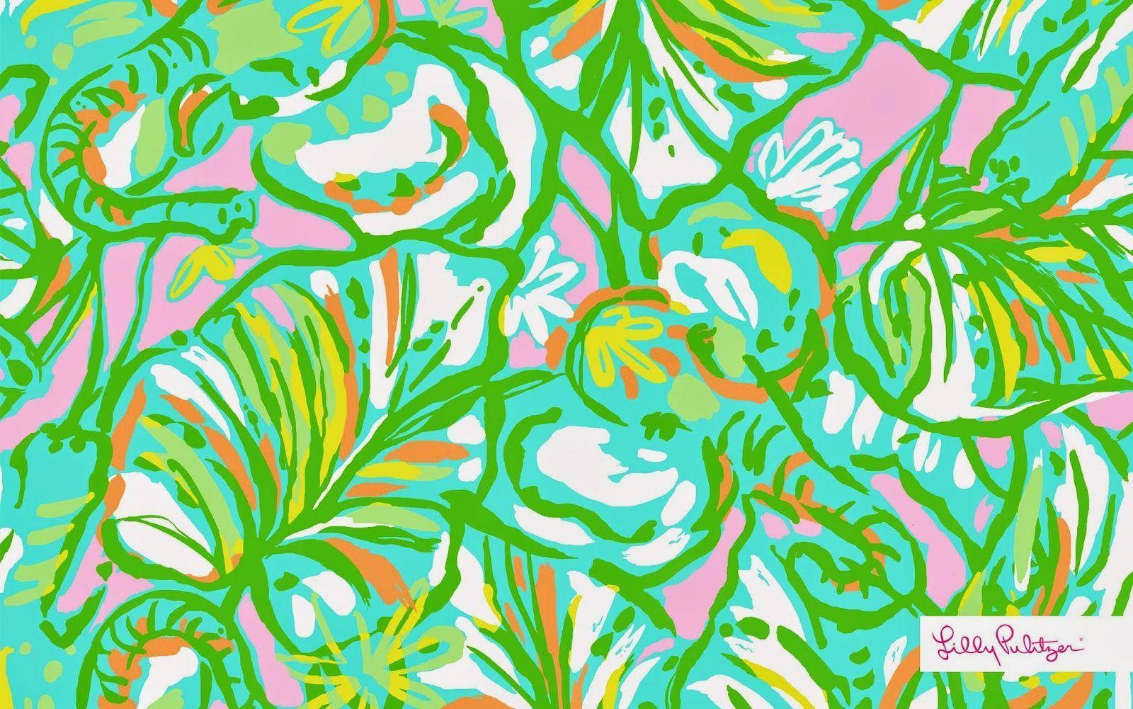 圖案 桌布 壁紙 — 充滿活力的熱帶花卉圖案，在粉紅色和藍綠色背景上帶有鮮明的綠色葉子和花朵。