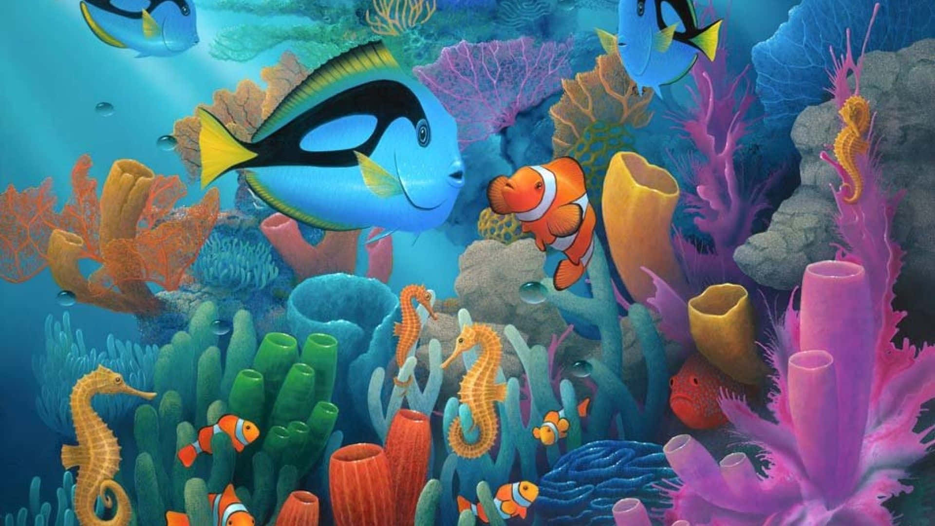 海底奇兵 桌布 壁紙 — 充滿活力的珊瑚礁，在陽光照射的海水中，充滿了色彩繽紛的魚類、海馬和海葵。