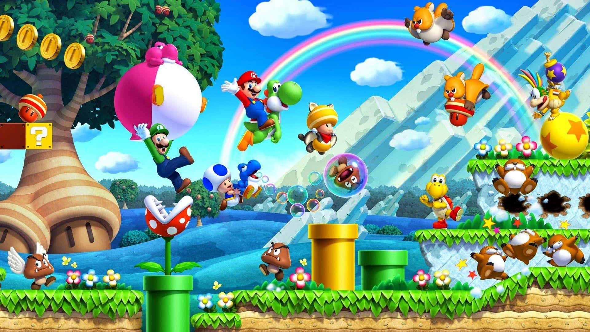 piranha plant 桌布 壁紙 — 充滿活力的瑪利歐角色在彩虹下的彩色平台景觀中跳躍和戰鬥。
