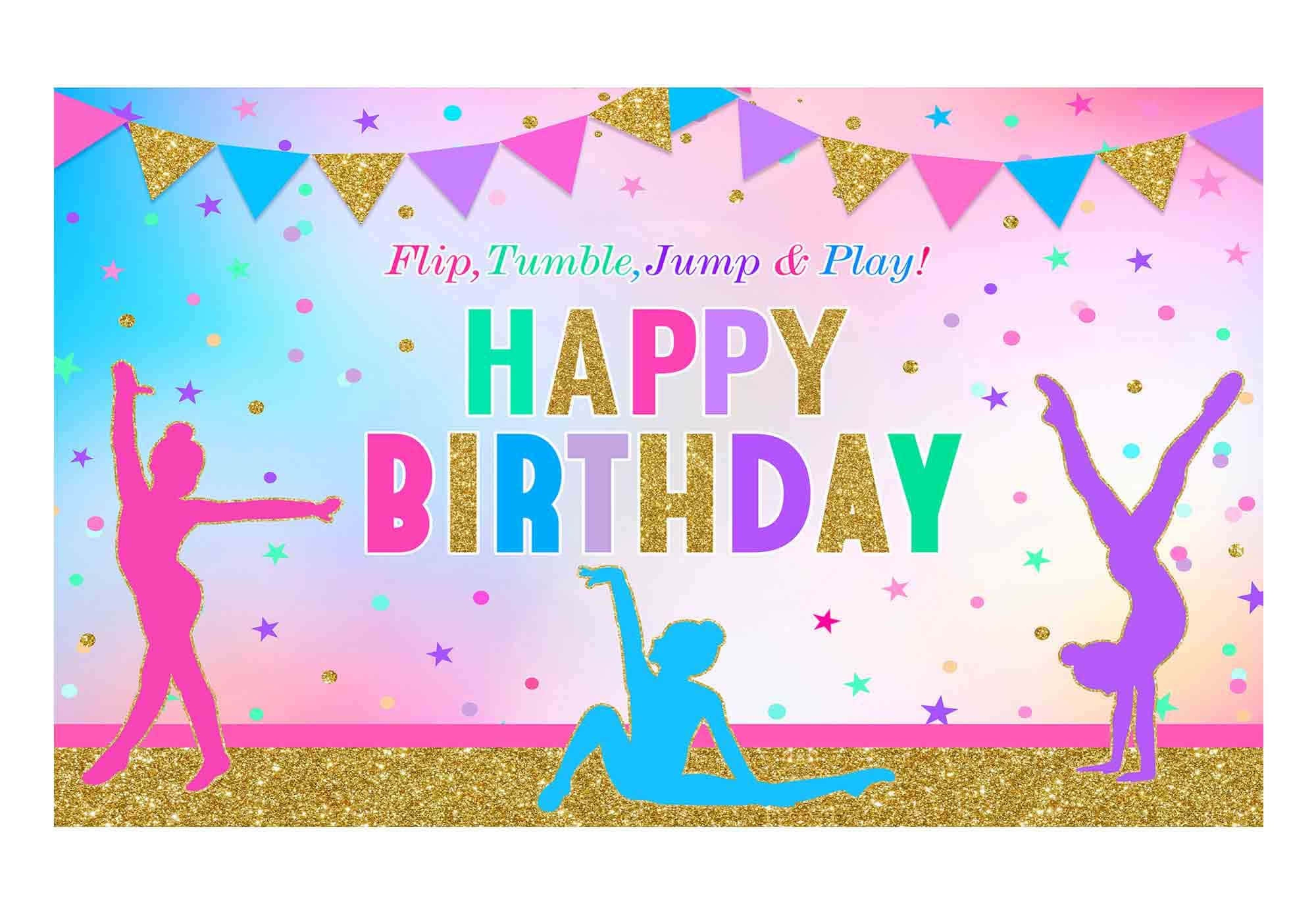 Gymnastics 桌布 壁紙 — 充滿活力的生日橫幅，帶有閃亮的粉紅色、藍色和金色，以體操運動員剪影和節日彩旗為特色，背景為柔和漸變色。