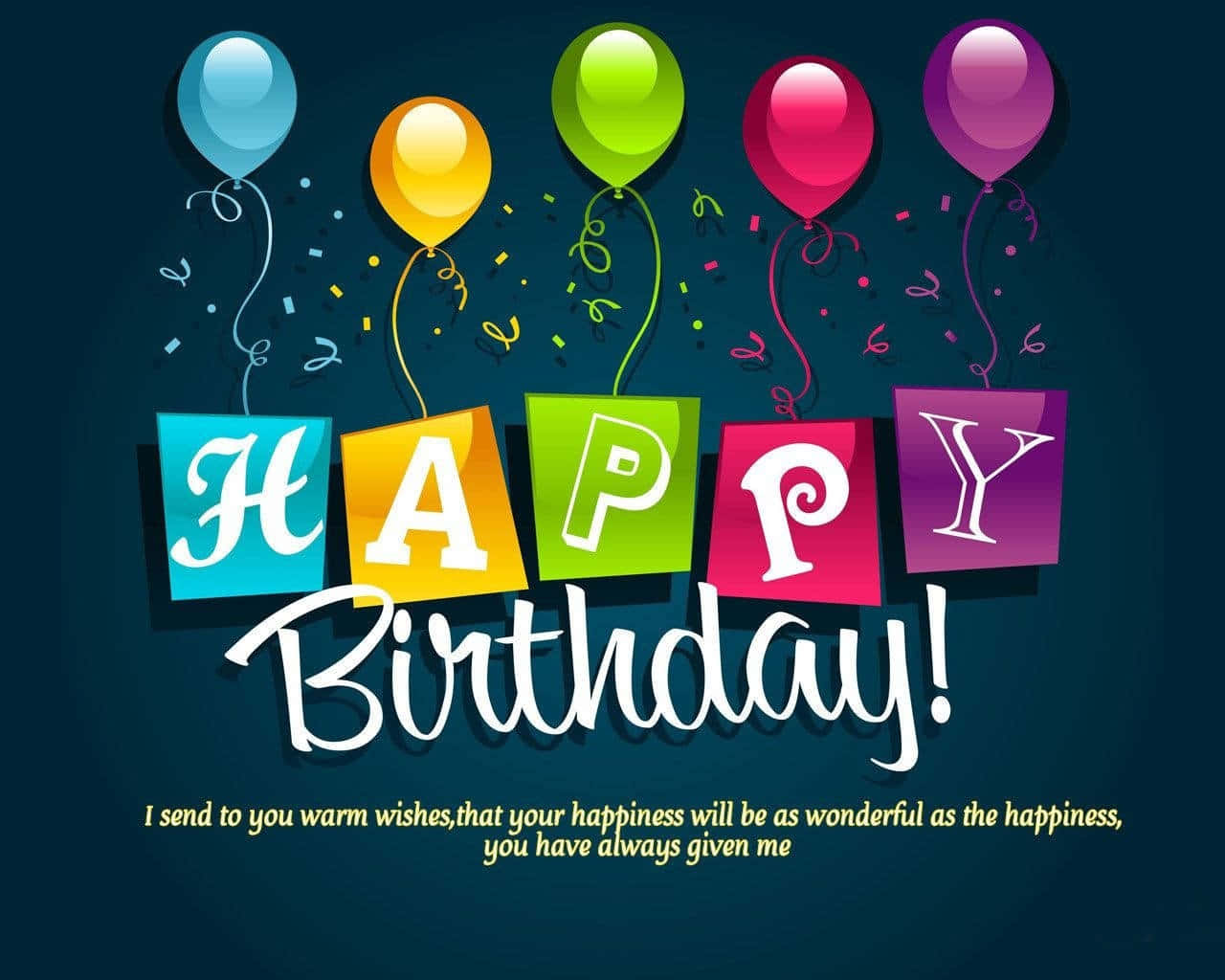 生日祝福 桌布 壁紙 — 充滿活力的生日祝福，色彩繽紛的氣球和五彩紙屑漂浮在粗體字母塊上方，拼出「HAPPY Birthday!」，背景為深藍色。