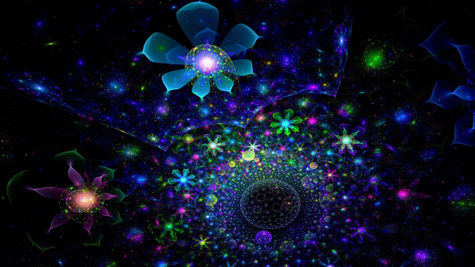 碎形動畫 桌布 壁紙 — 充滿活力的發光分形花朵在充滿閃爍星星和旋轉宇宙塵埃的宇宙星雲中綻放。