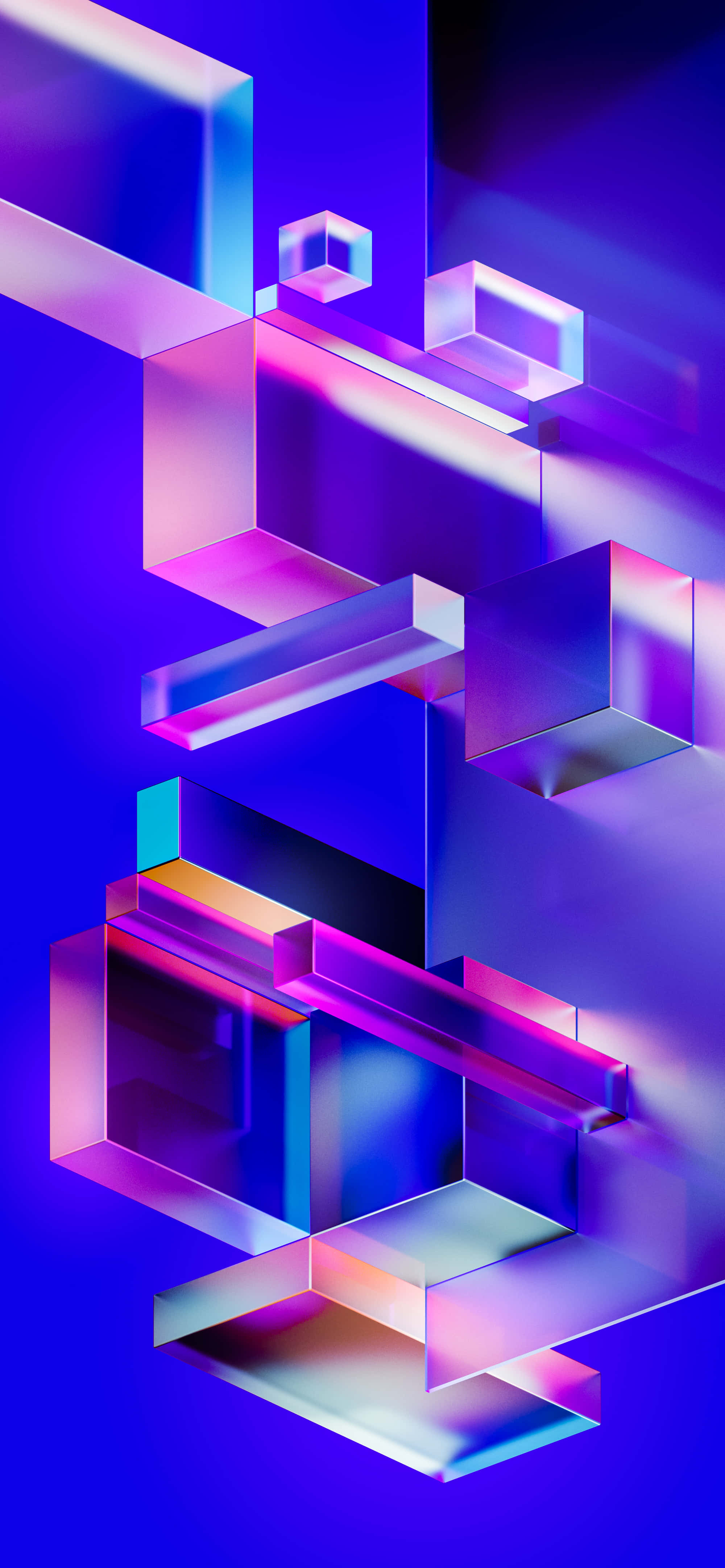 3d Abstract 桌布 壁紙 — 充滿活力的發光幾何立方體漂浮在深紫色數位空間中，帶有霓虹反射。