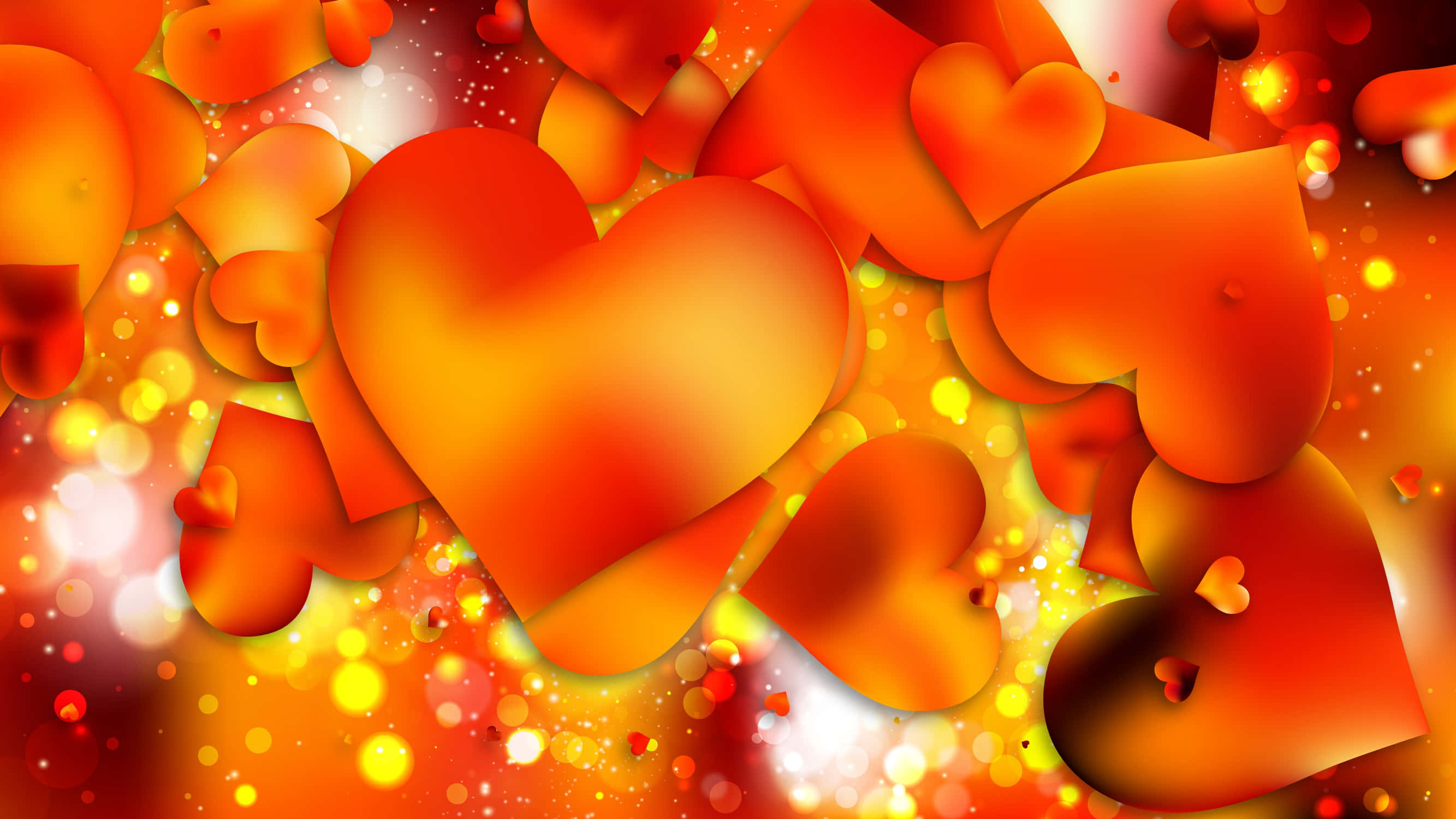 Orange Heart 桌布 壁紙 — 充滿活力的發光心形在閃爍的金色散景燈光中漂浮，形成溫暖浪漫的瀑布效果。