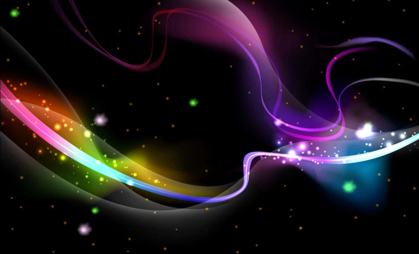 Interactive 桌布 壁紙 — 充滿活力的發光絲帶在繁星點點的黑色虛空中旋轉，形成動態的數位抽象構圖。