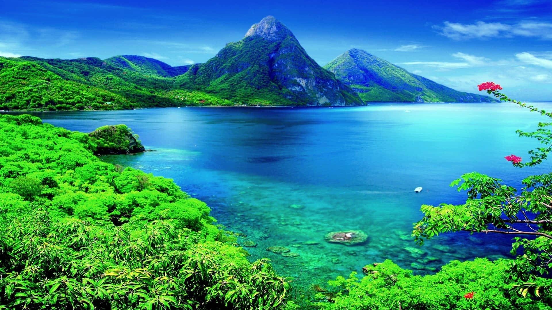 Caribbean 桌布 壁紙 — 充滿活力的碧綠海水環抱著蒼翠的山巒，天空湛藍，白雲點點。