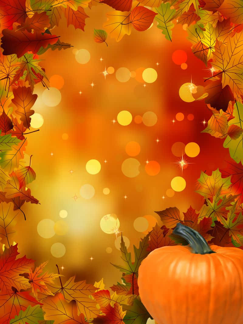 Fall Festival 桌布 壁紙 — 充滿活力的秋日場景，南瓜和色彩繽紛的落葉映襯著閃爍的金色散景背景。